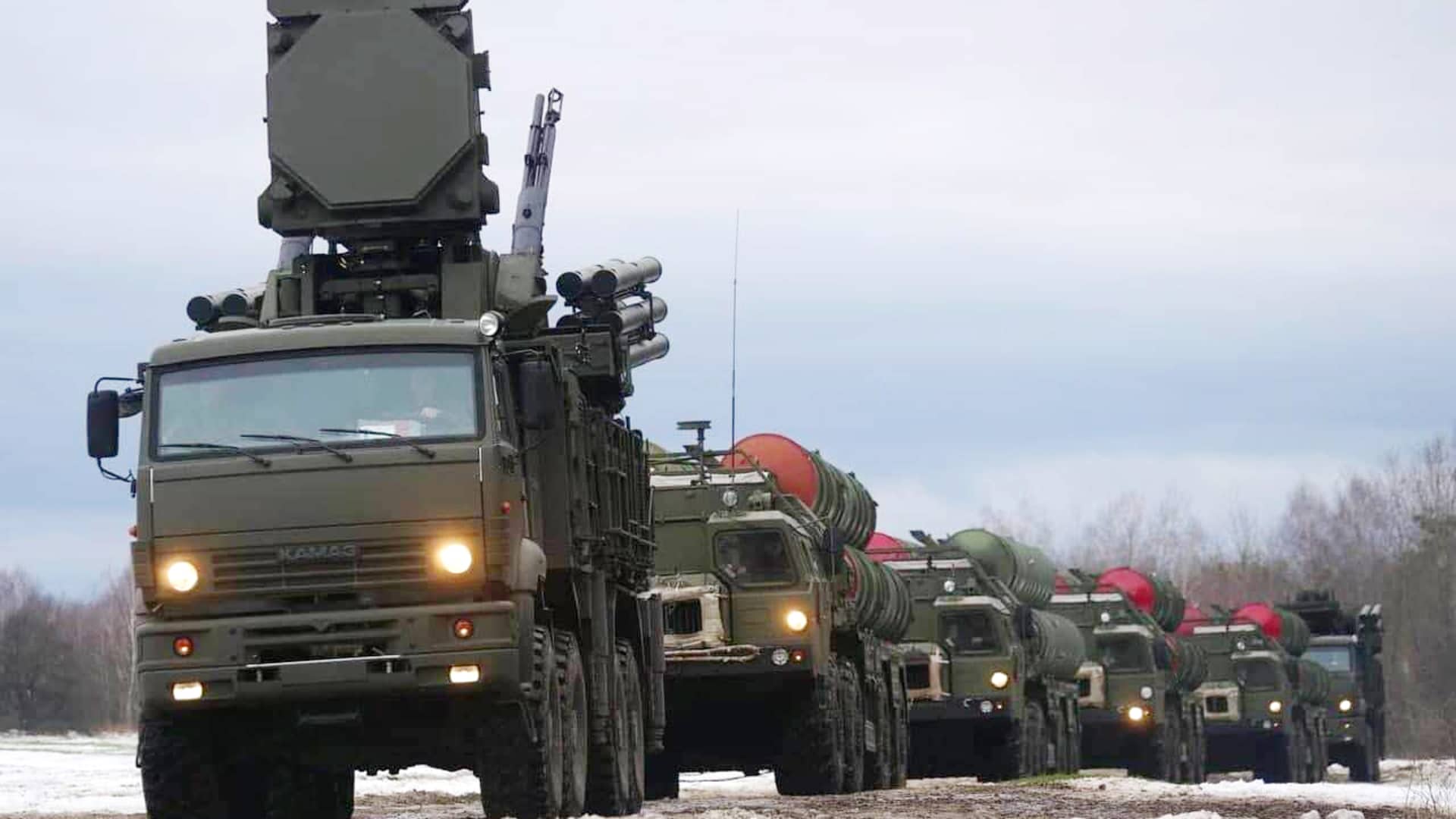 S-400 and Pantsir-S air defence systems arrive to participate in the Russian-Belarusian military will start a joint exercise amid tension between Ukraine and Russia at an Unknown location in Belarus on February 9, 2022.