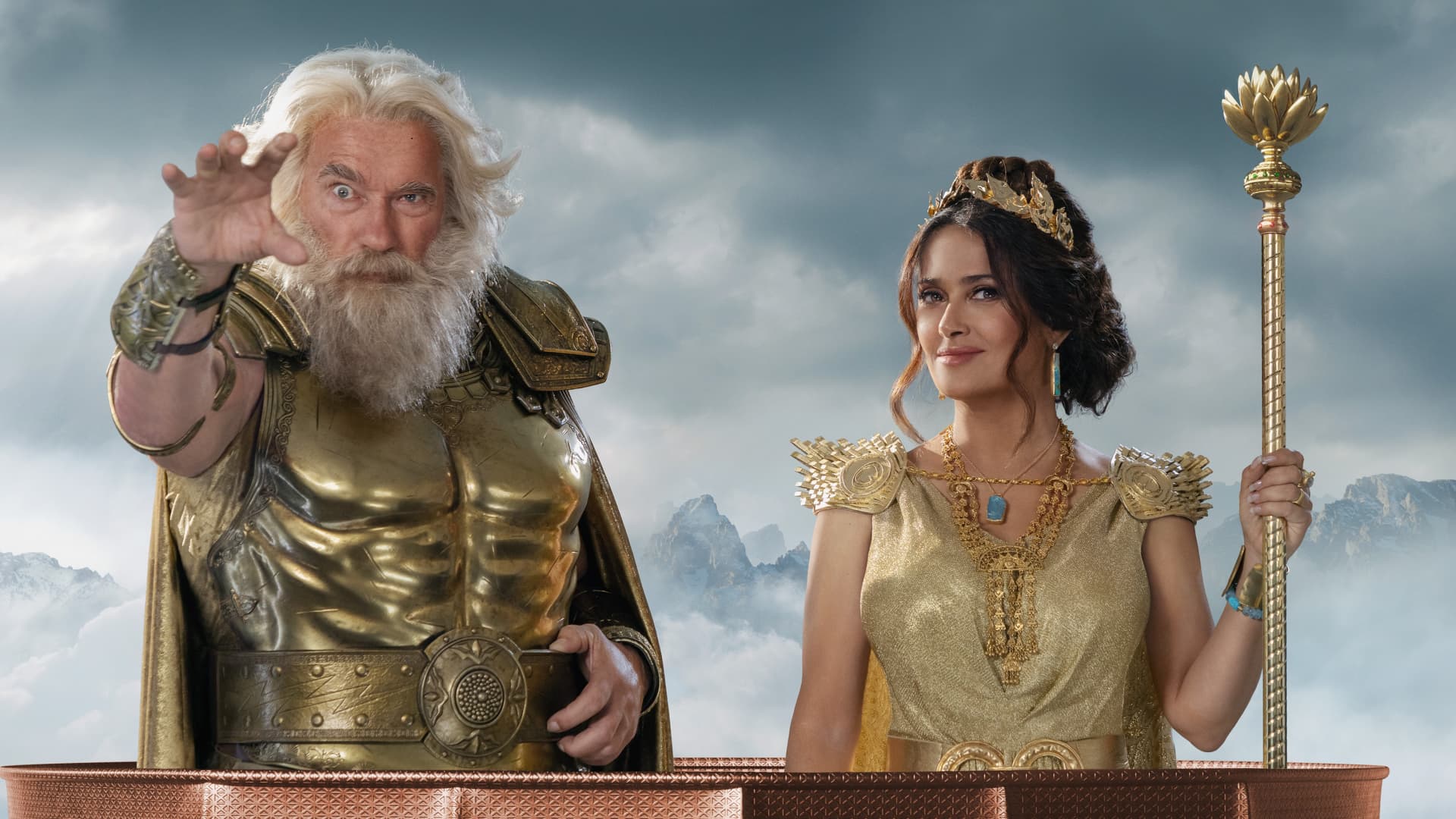 Arnold Schwarzenegger and Salma Hayek Pinault star as the Greek gods Zeus and Hera for BMW's new Super Bowl ad for the iX electric SUV.