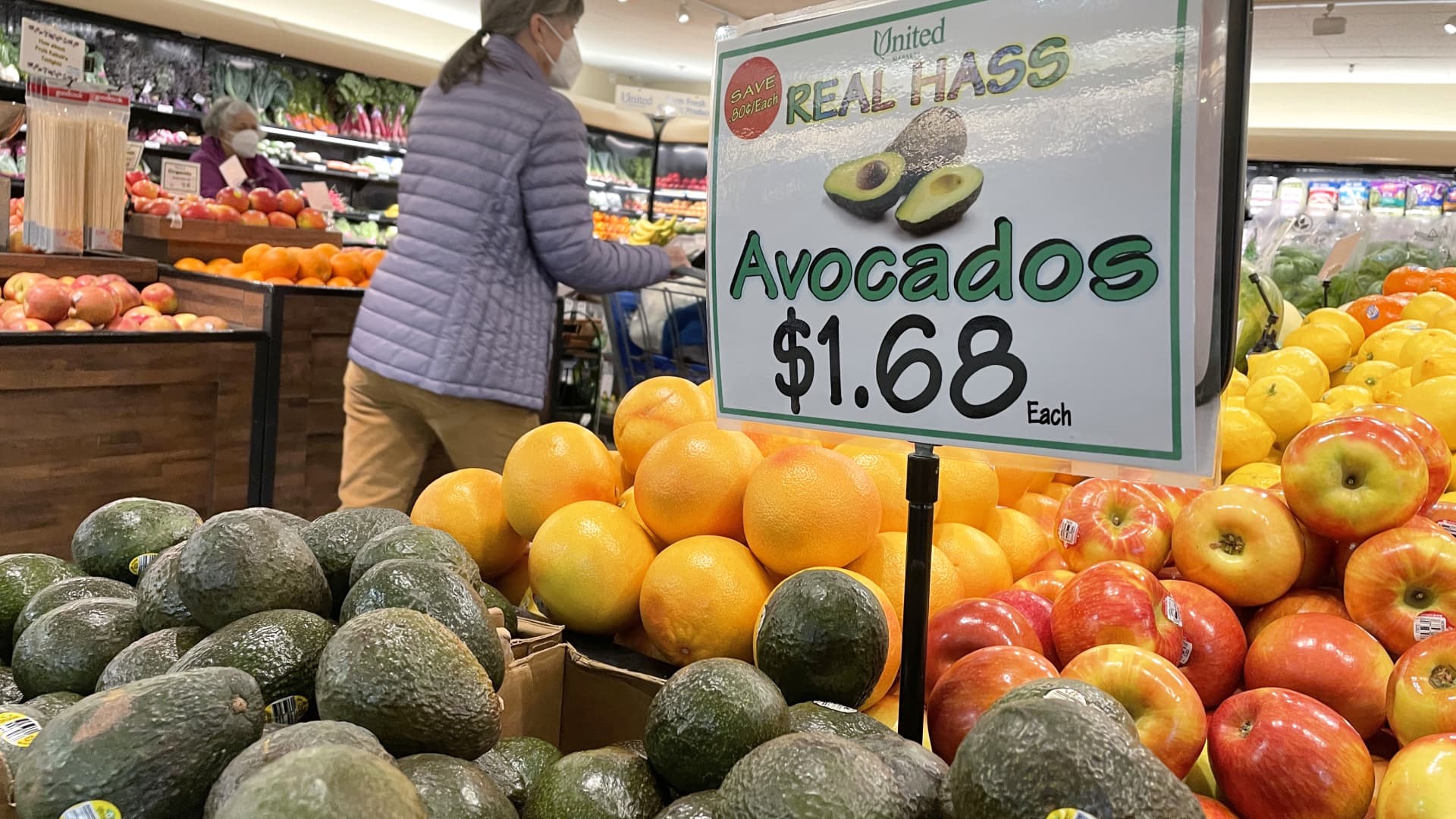Hass avocados are displayed in the produce section at a United Market on Feb. 7, 2022 in San Anselmo, California.