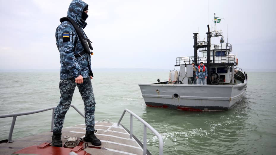 A patrol boat at Ukraine's Black Sea port of Mariupol on Feb. 11, 2022.