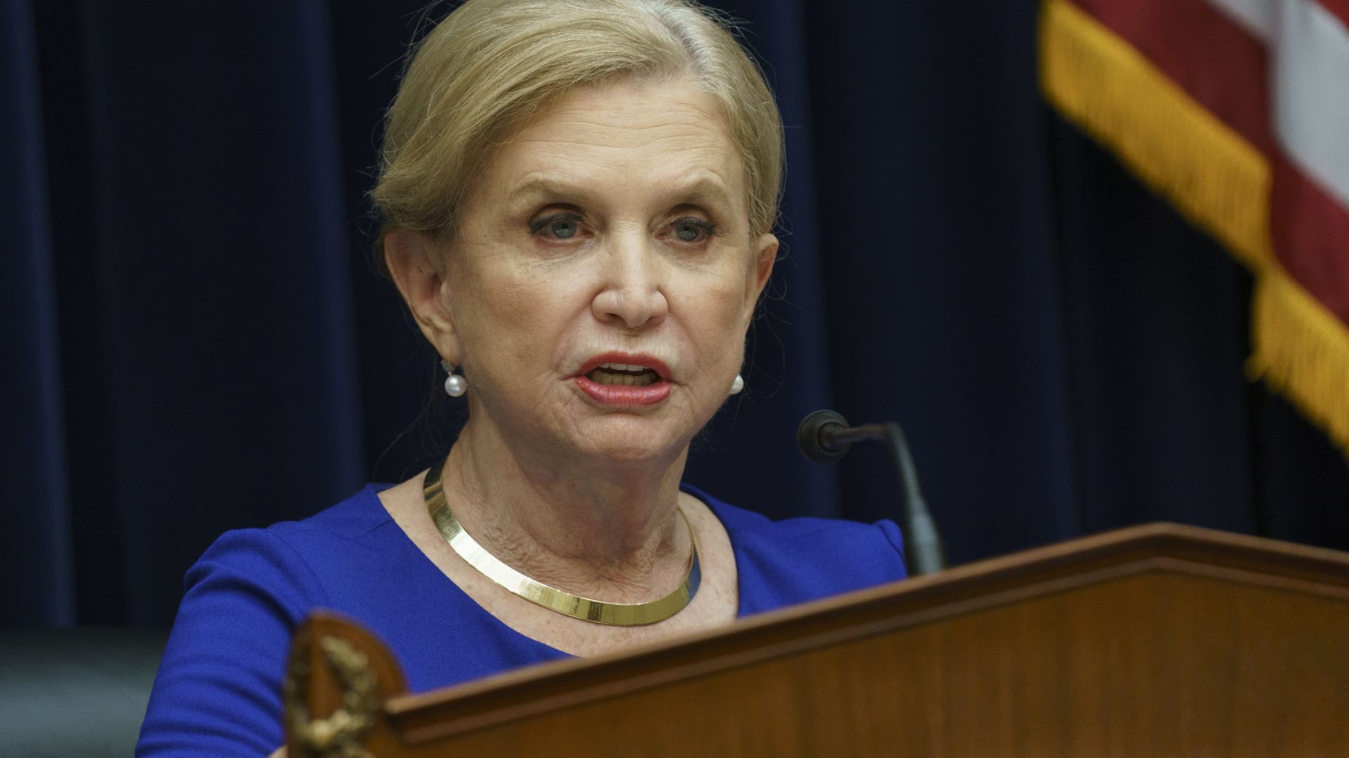 Representative Carolyn Maloney, a Democrat from New York and chair of the House Committee on Oversight and Reform, speaks during a hearing in Washington, D.C., U.S., on Oct. 28, 2021.