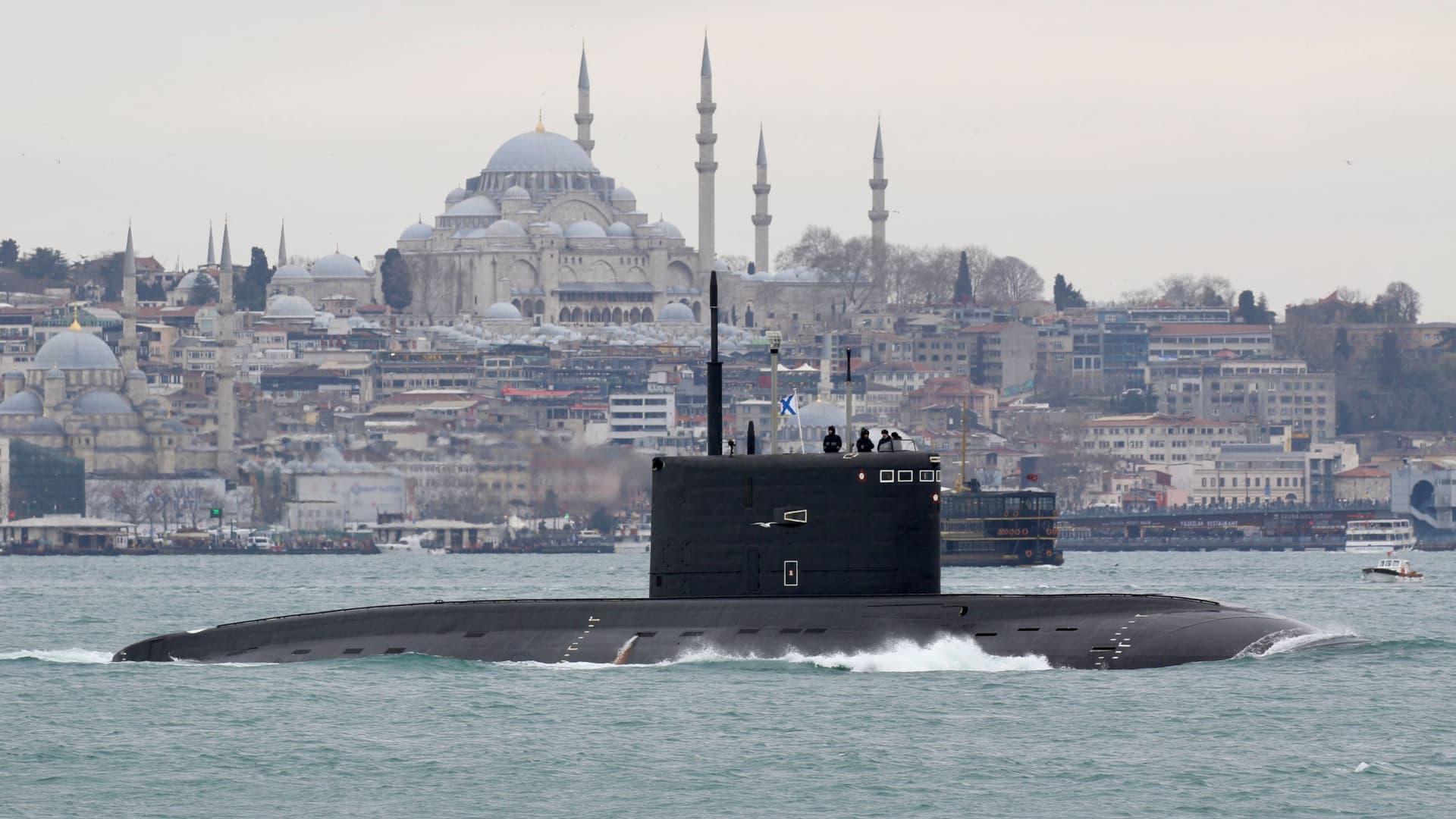 Russian Navy's diesel-electric submarine Rostov-on-Don sails in Bosphorus, on its way to the Black Sea, in Istanbul, Turkey, on February 13, 2022.