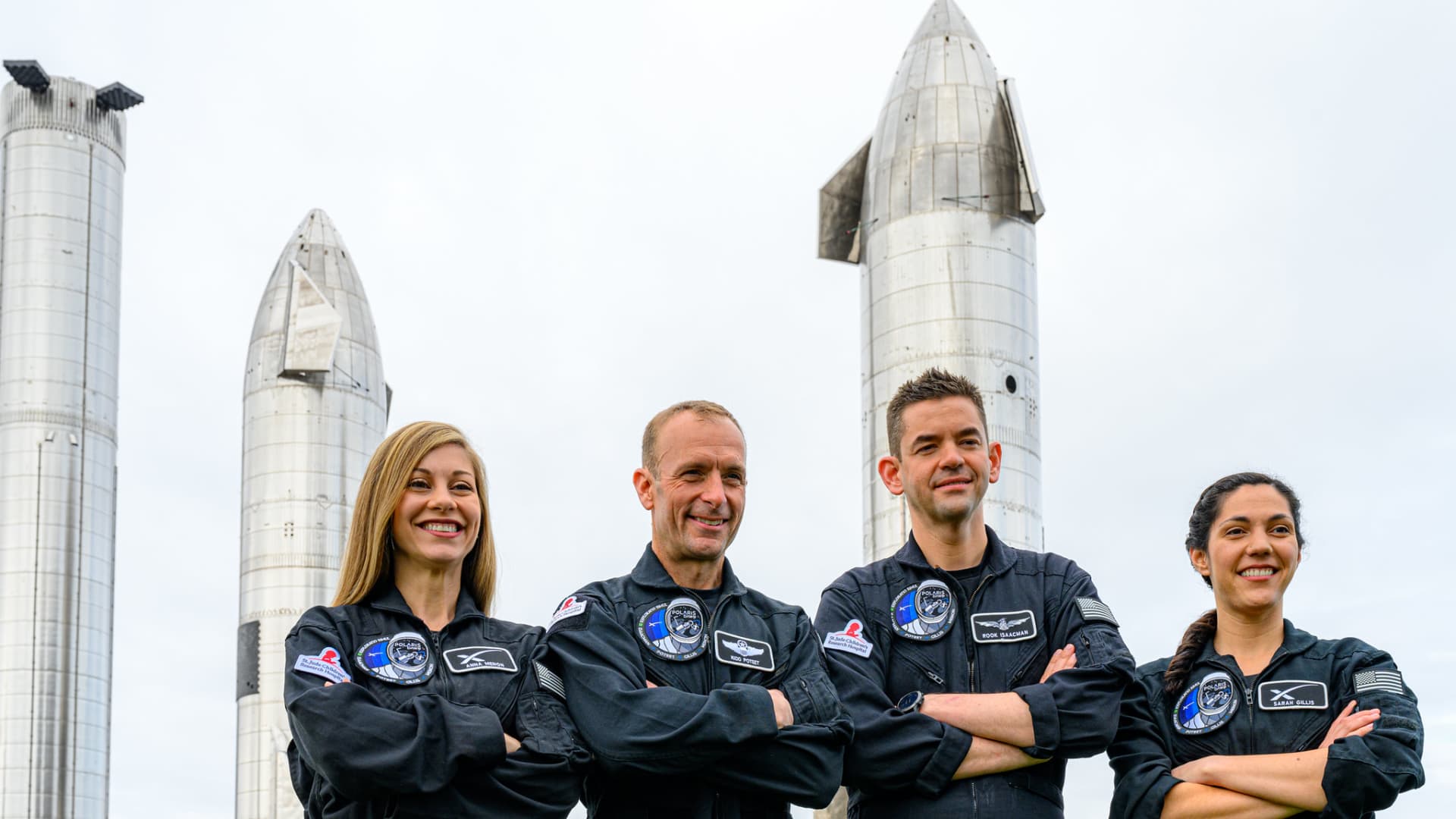 The Polaris Dawn mission crew, from left: Medical officer Anna Menon, pilot Scott Poteet, commander Jared Isaacman, and mission specialist Sarah Gillis.