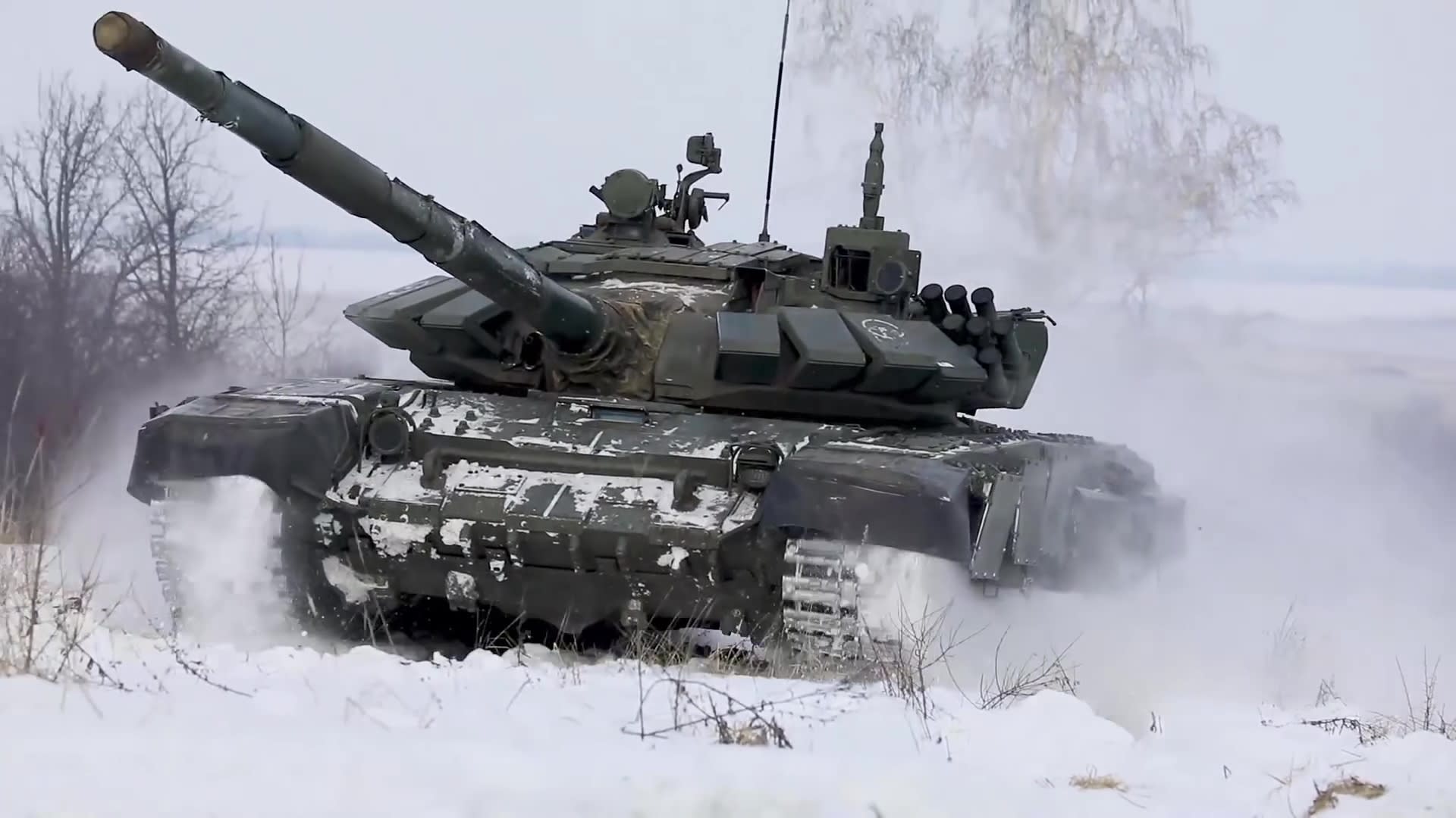 T-72B3 Main Battle Tanks of Russian Army take part in a military drill in St. Petersburg, Russia on February 14, 2022.