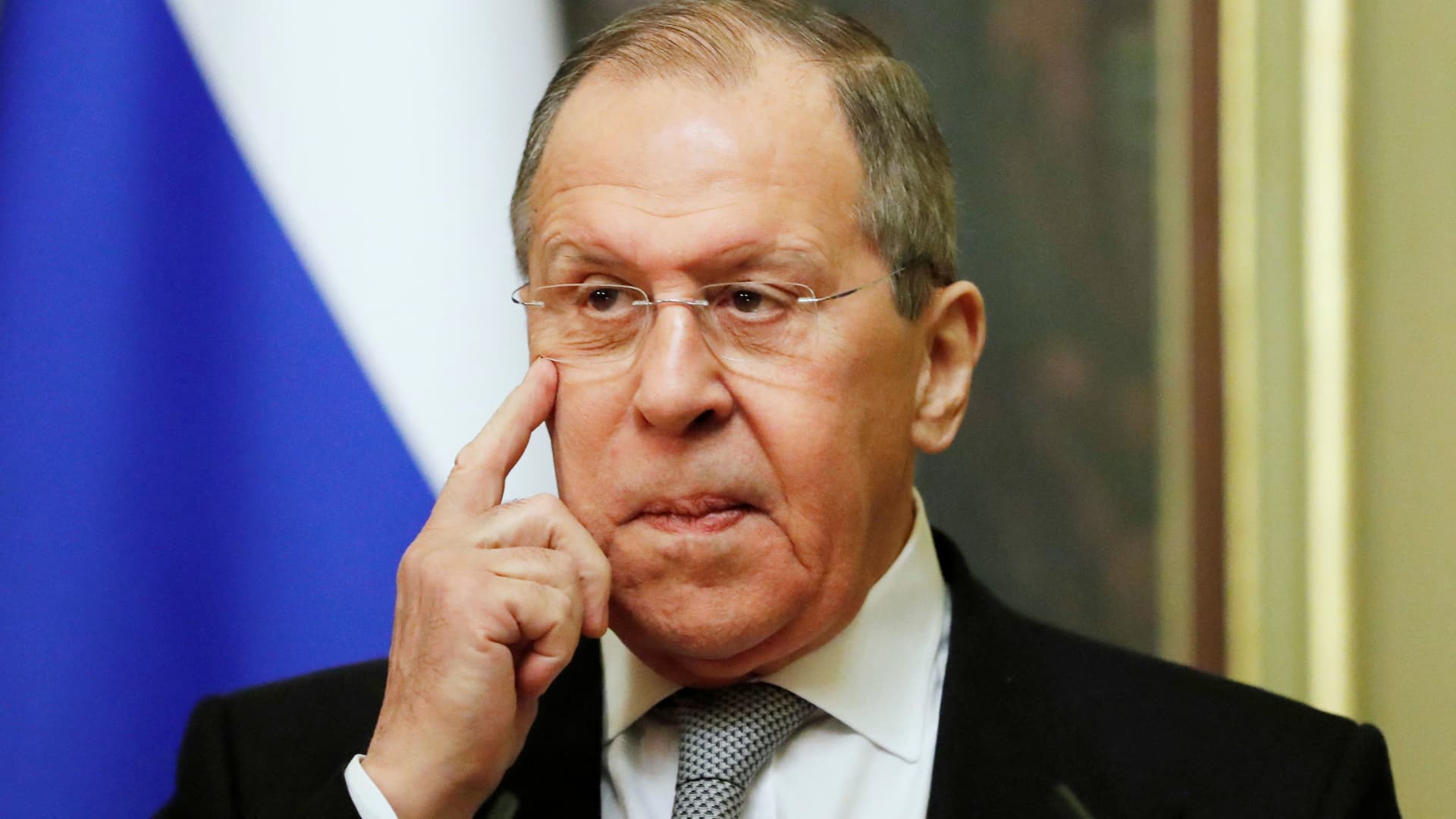 Russia's Foreign Minister Sergei Lavrov attends a joint news conference with OSCE Chairman-in-Office, Poland's Minister for Foreign Affairs Zbigniew Rau in Moscow, Russia February 15, 2022.