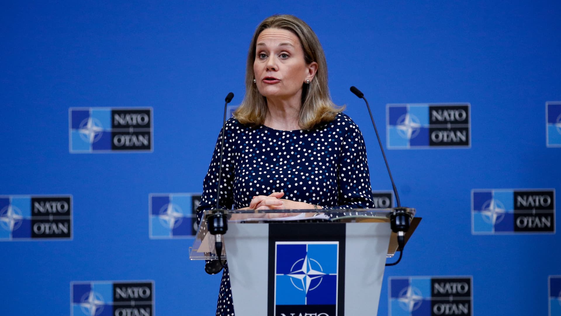 U.S. Ambassador to NATO Julianne Smith speaks during a news briefing on the eve of a meeting of alliance defence ministers, expected to focus on tensions between Russia and the West over Ukraine, in Brussels, Belgium, February 15, 2022.