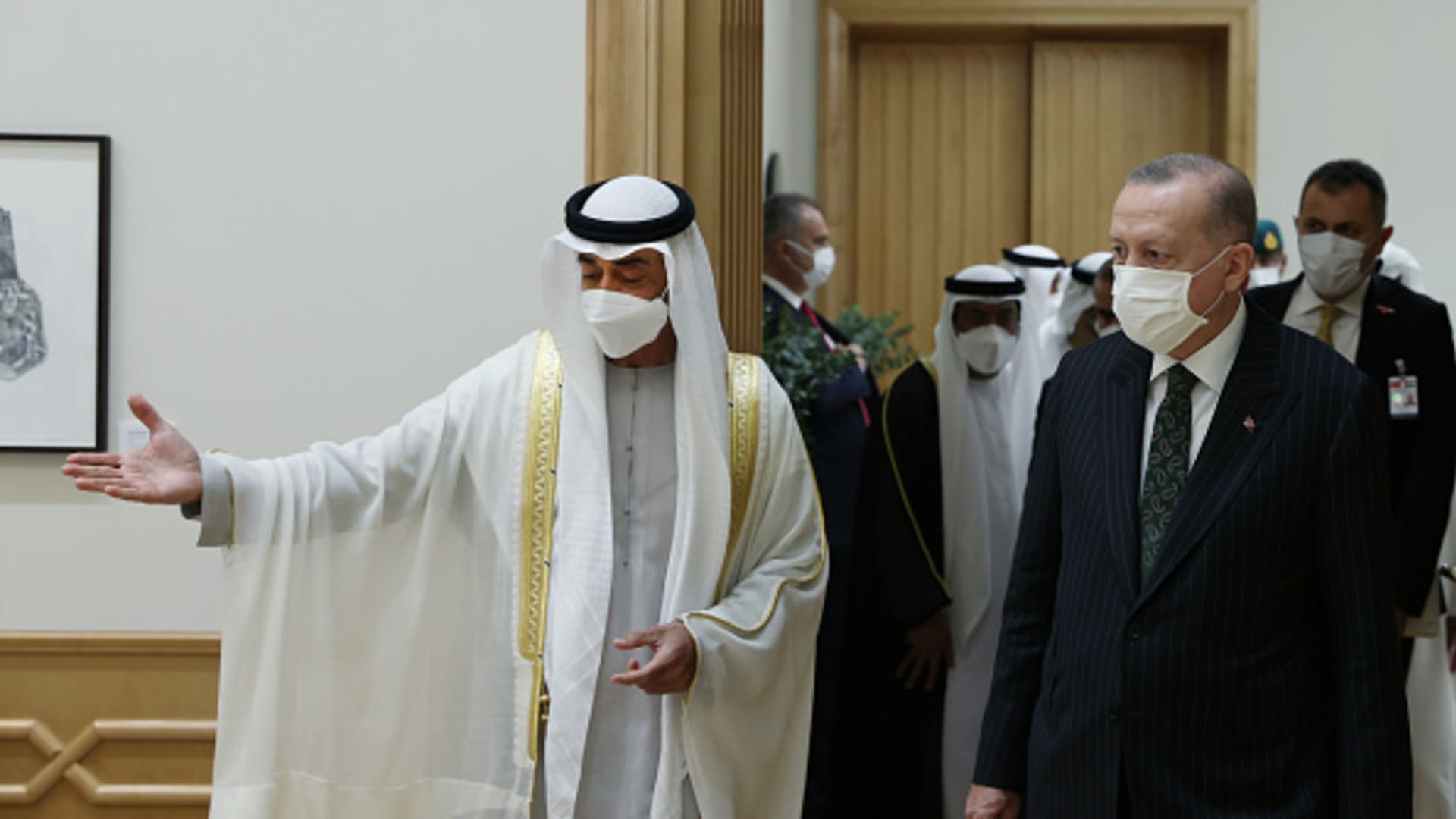 President of Turkey, Recep Tayyip Erdogan, and Mohammed bin Zayed Al Nahyan met on February 14, 2022 in Abu Dhabi, United Arab Emirates.