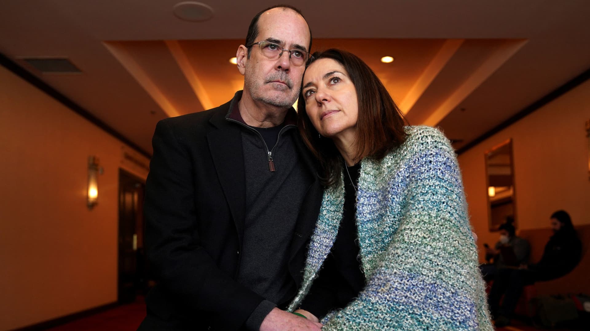 David and Francine Wheeler, parents of Benjamin Wheeler, a Sandy Hook Elementary School shooting victim, pose for a portrait following a press conference to announce a settlement with Remington Arms in Trumbull, Connecticut, U.S., February 15, 2022.