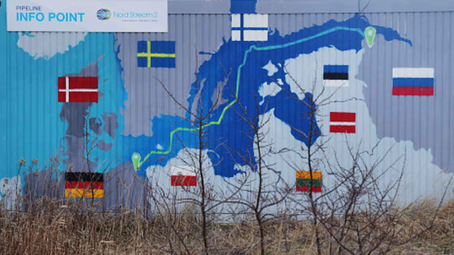 A map shows the course of the Nord Stream 2 gas pipeline from Russia to Germany on the exterior of an informational booth close to the receiving station for Nord Stream 2 on February 02, 2022 near Lubmin, Germany.