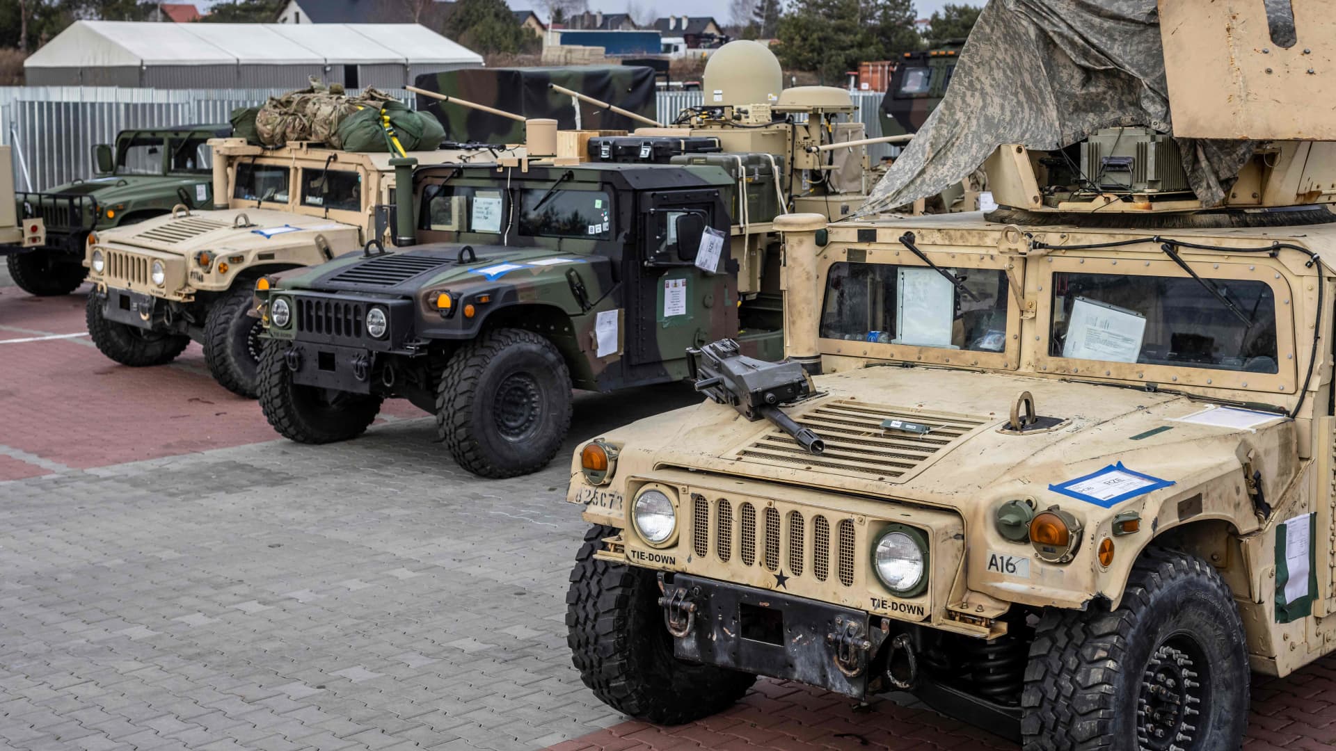 Vehicles of the US army are seen at a temporary base installed close to the Rzeszow-Jasionka Airport, south eastern Poland, February 16, 2022.