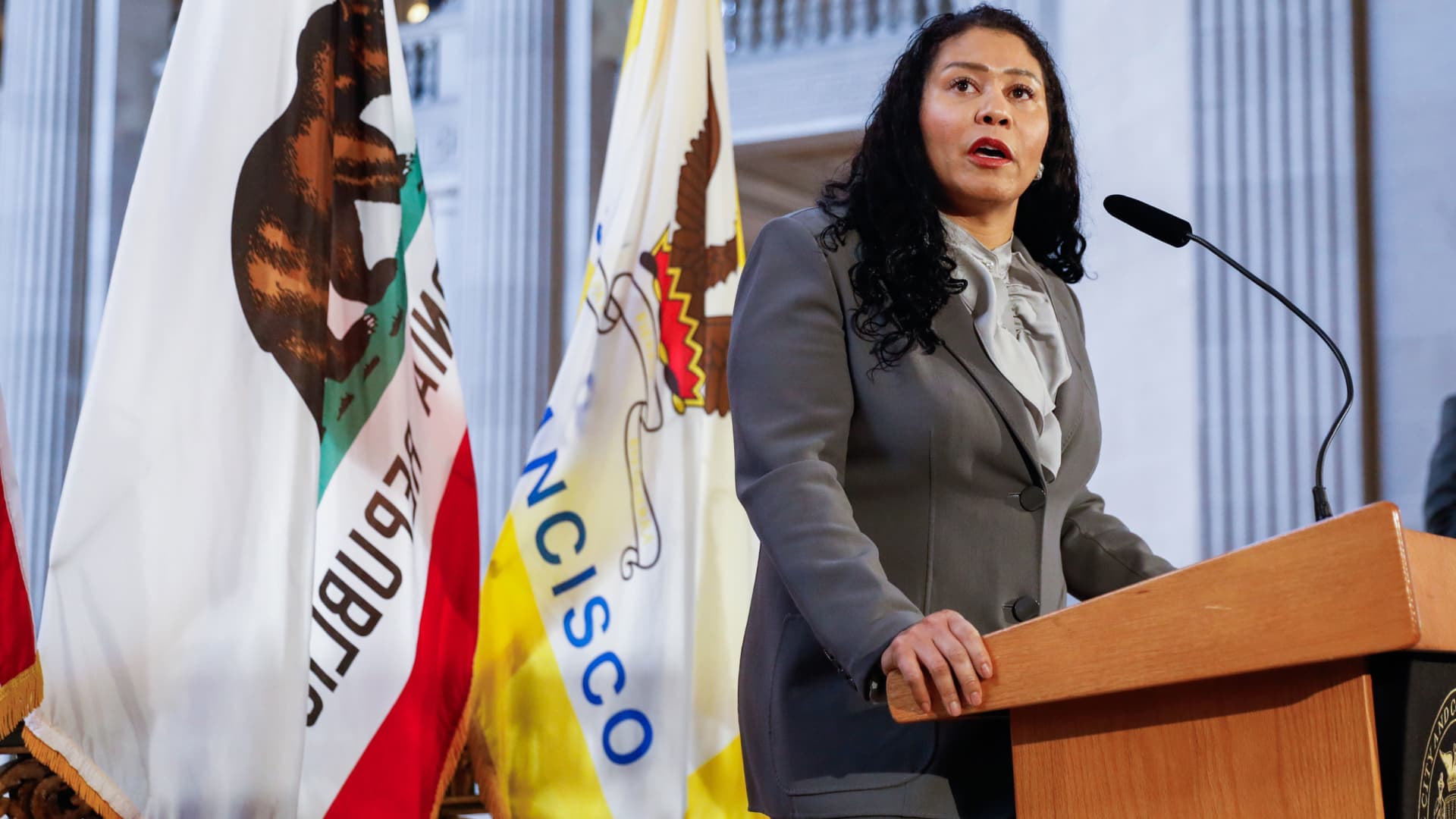 San Francisco Mayor London Breed speaks at a press conference regarding the next steps she will be taking to replace three school board members who were successfully recalled at City Hall on Wednesday, Feb. 16, 2022 in San Francisco, California.