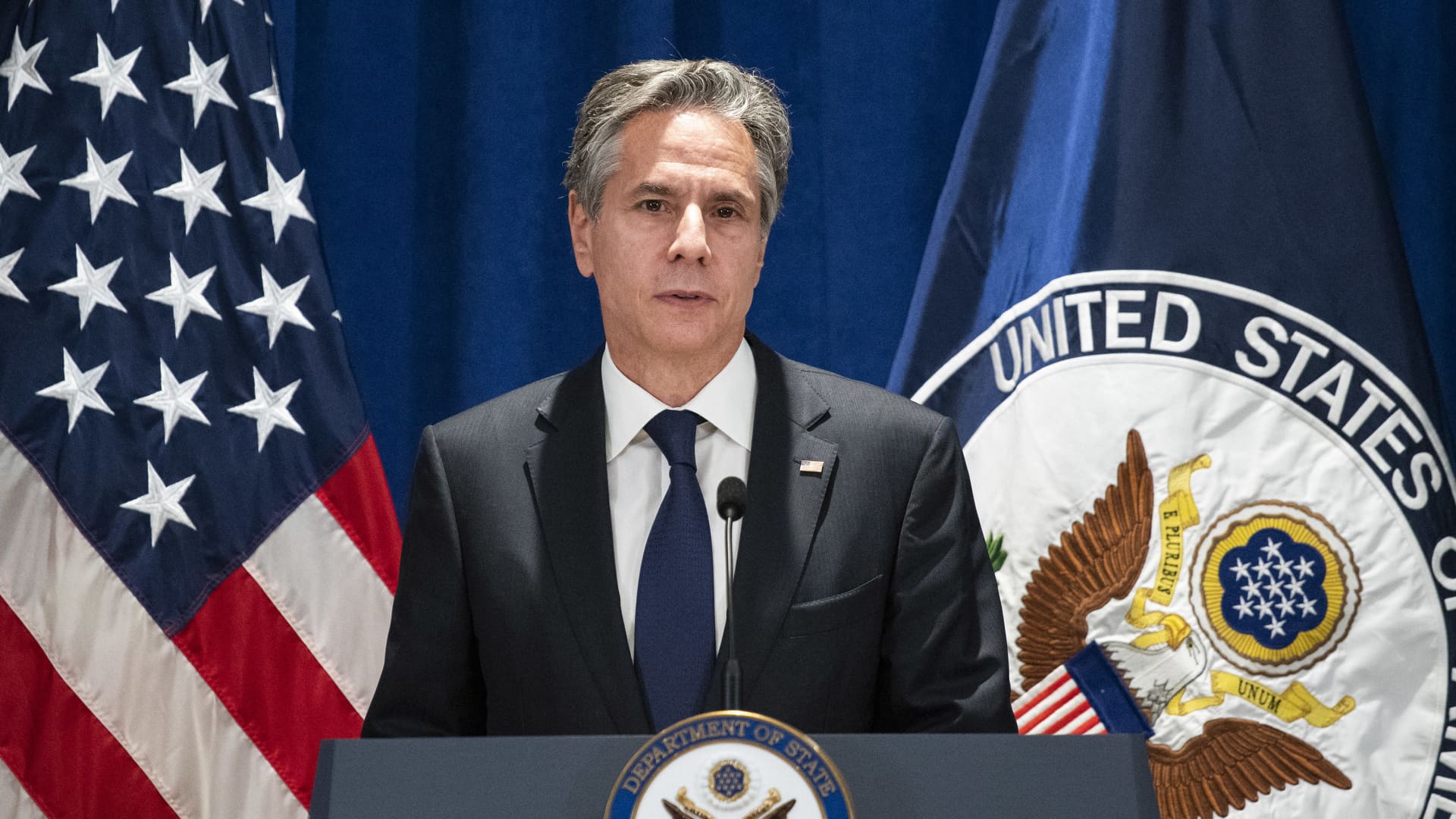 US Secretary of State Antony Blinken speaks to the media after meetings on the sidelines of the 76th Session of the UN General Assembly in New York, on September 23, 2021.