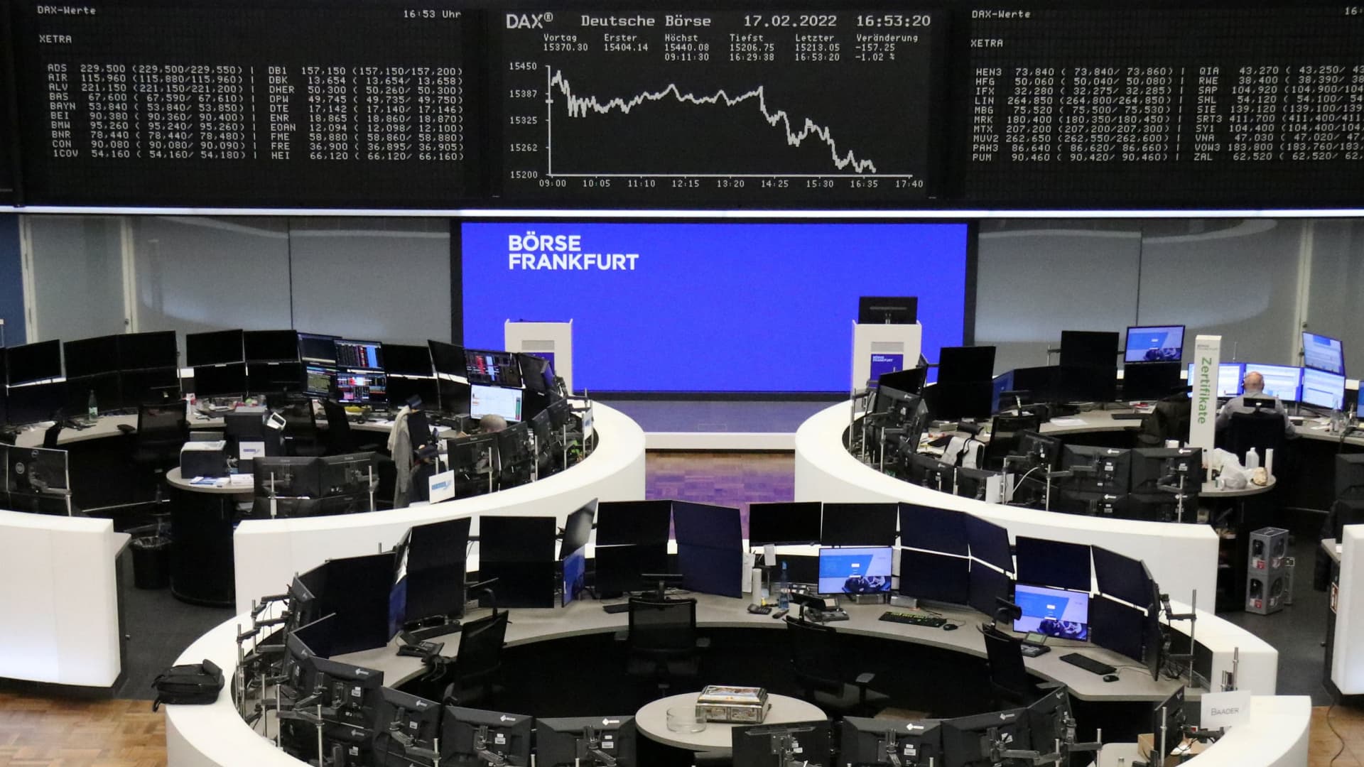 The German share price index DAX graph is pictured at the stock exchange in Frankfurt, Germany, February 17, 2022.