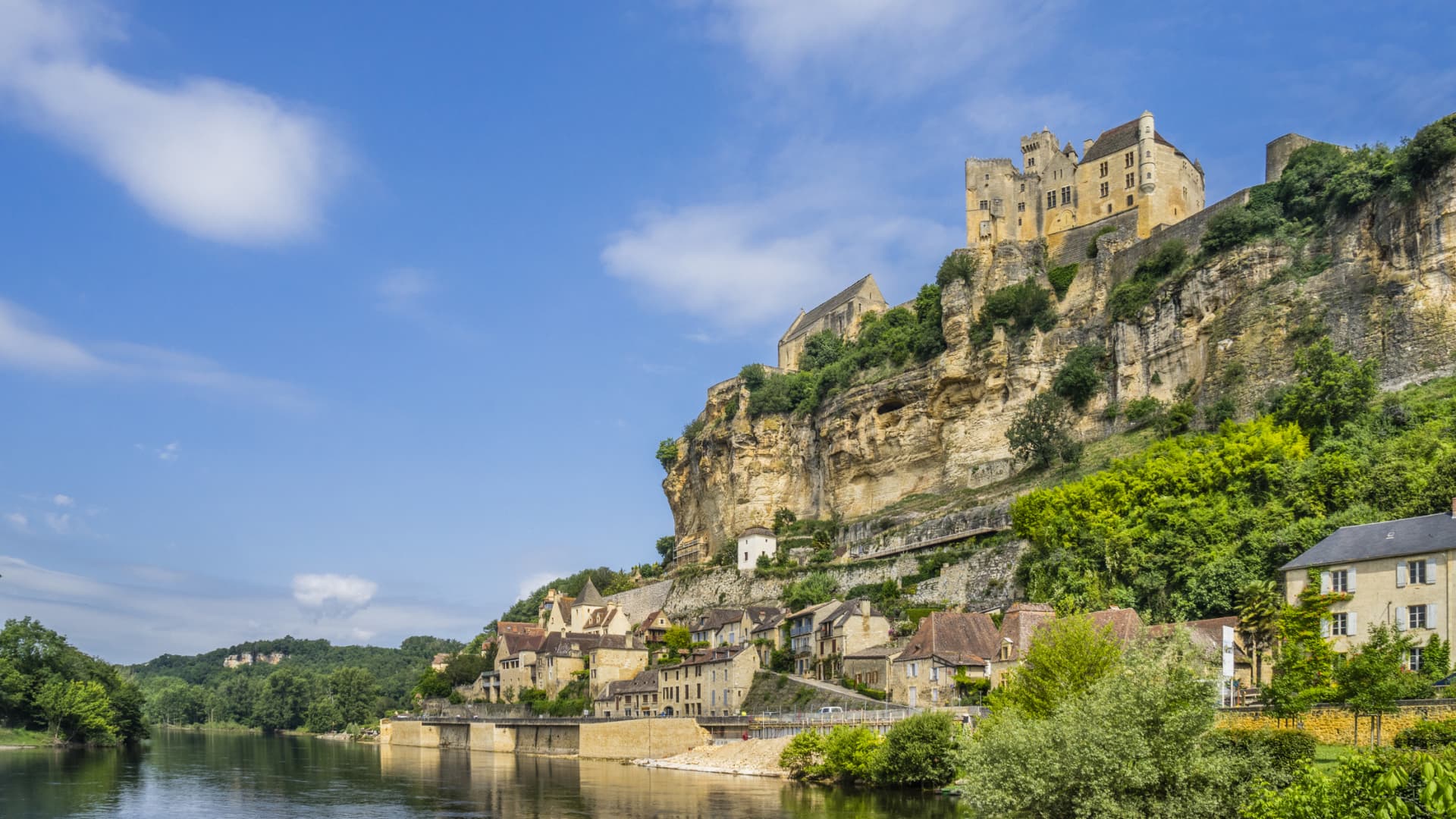The medieval Chateau de Beynac overlooking the Dordogne River in France.