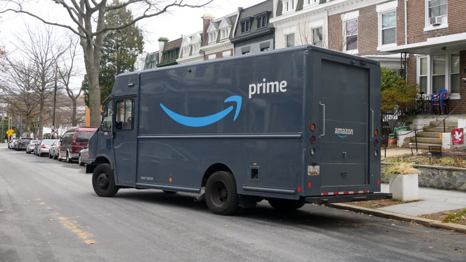 An Amazon Prime truck pulls away after a delivery in Washington, DC, on February 17, 2022.