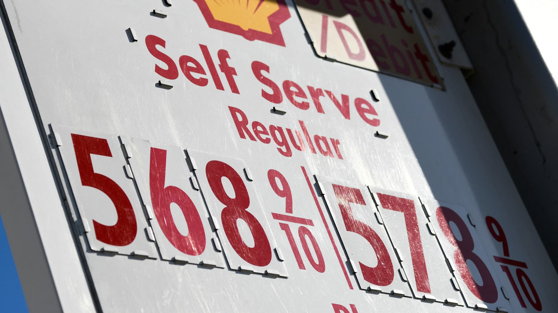 Gasoline fuel prices above five dollars a gallon are displayed at a Shell gas station in the Chinatown neighborhood of Los Angeles, California, on February 17, 2022.