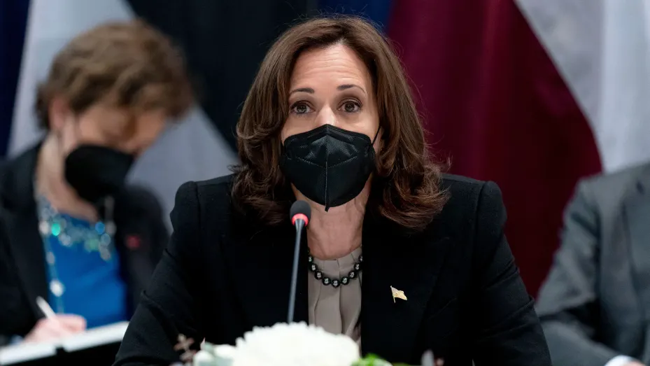 US Vice President Kamala Harris addresses a multilateral meeting with the Estonian Prime Minister, the Latvian President and the Lithuanian President during the Munich Security Conference (MSC) in Munich, southern Germany, on February 18, 2022.