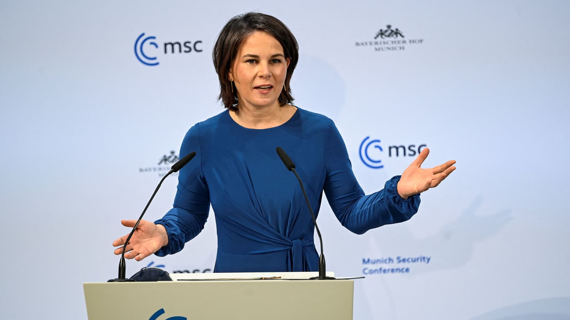 German Foreign Minister Annalena Baerbock speaks at the Munich Security Conference in Munich, Germany, February 18, 2022.