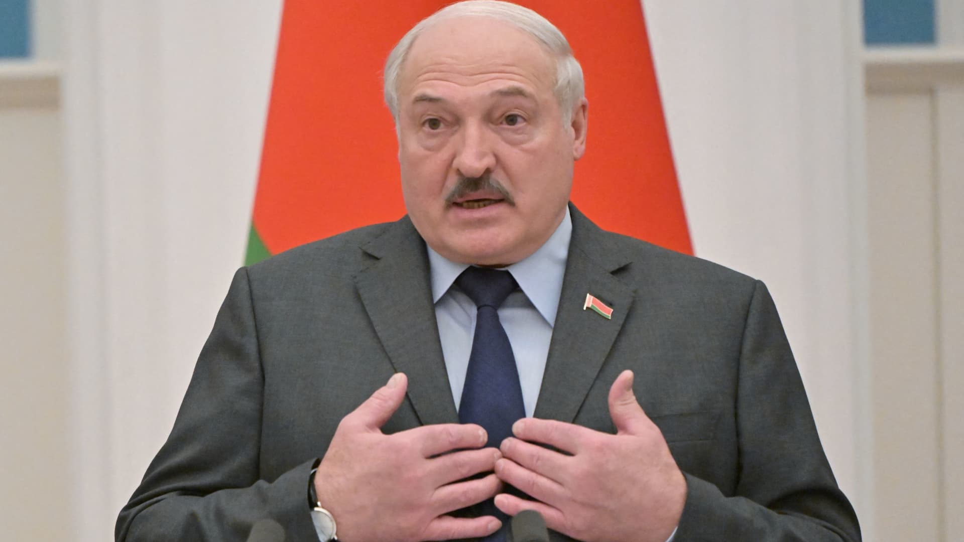 Belarusian President Alexander Lukashenko speaks during a joint news conference with Russian President Vladimir Putin in Moscow, Russia February 18, 2022.