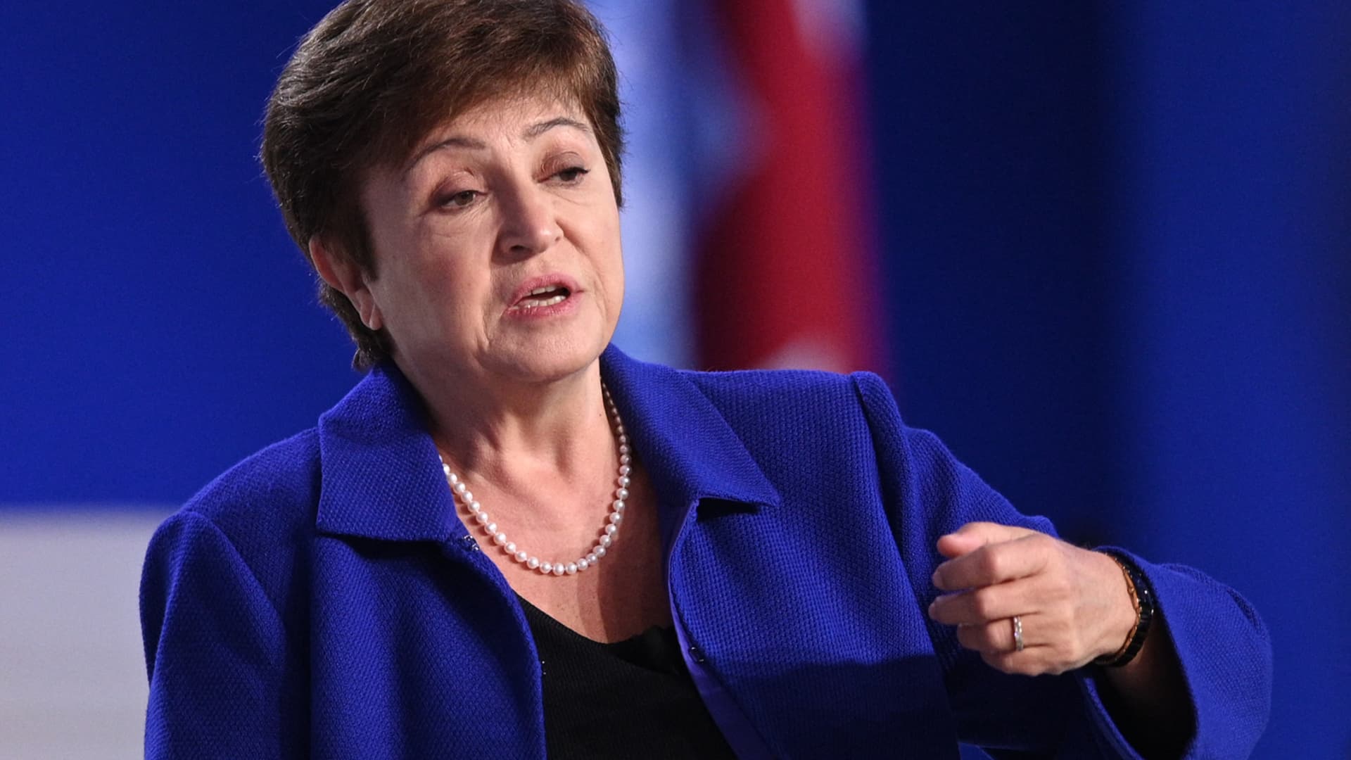 IMF managing director Kristalina Georgieva speaks during a panel discussion at the COP26 UN Climate Summit in Glasgow on November 3, 2021.