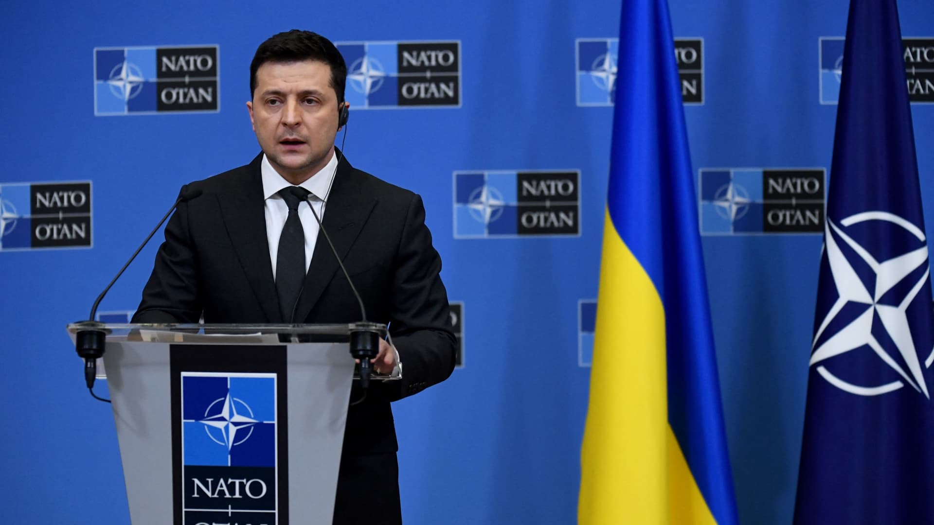 Ukrainian President Volodymyr Zelensky speaks during a press conference after a bilateral meeting at the European Union headquarters in Brussels on December 16, 2021.