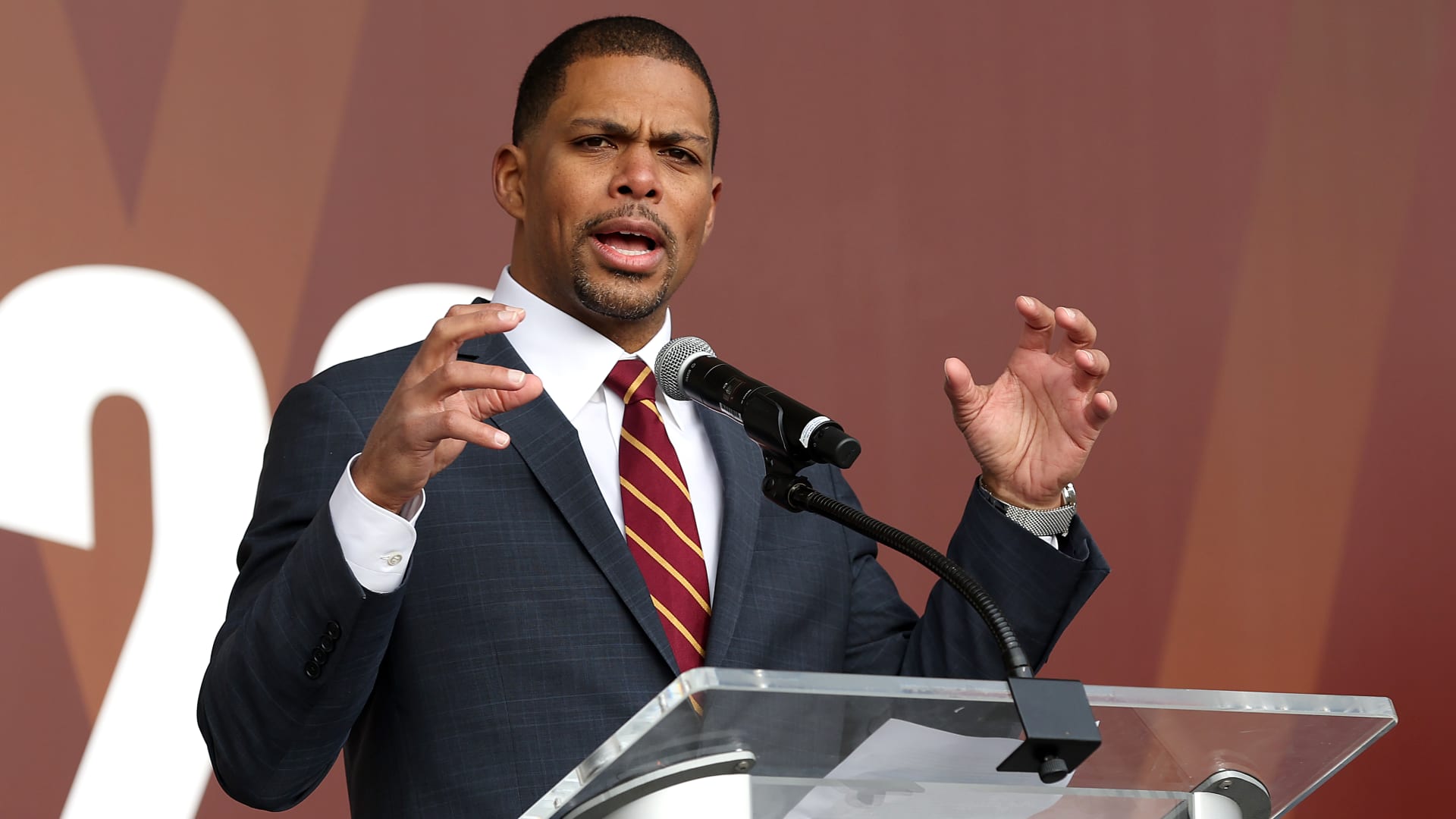 Team President Jason Wright speaks during the announcement of the Washington Football Team's name change to the Washington Commanders at FedExField on February 02, 2022 in Landover, Maryland.