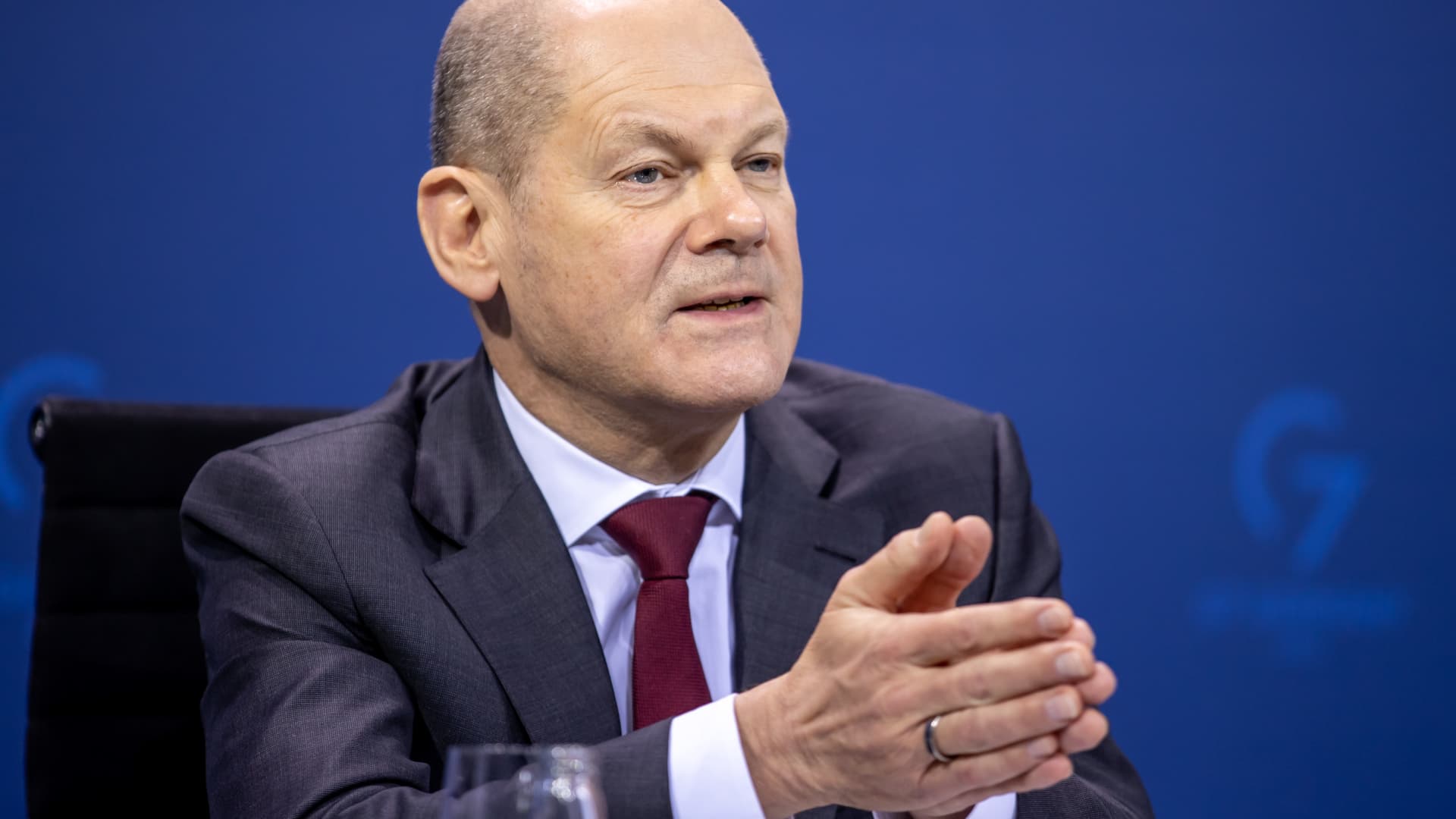 German Chancellor Olaf Scholz attends a press conference following a meeting of federal and state government leaders on February 16, 2022 in Berlin, Germany.