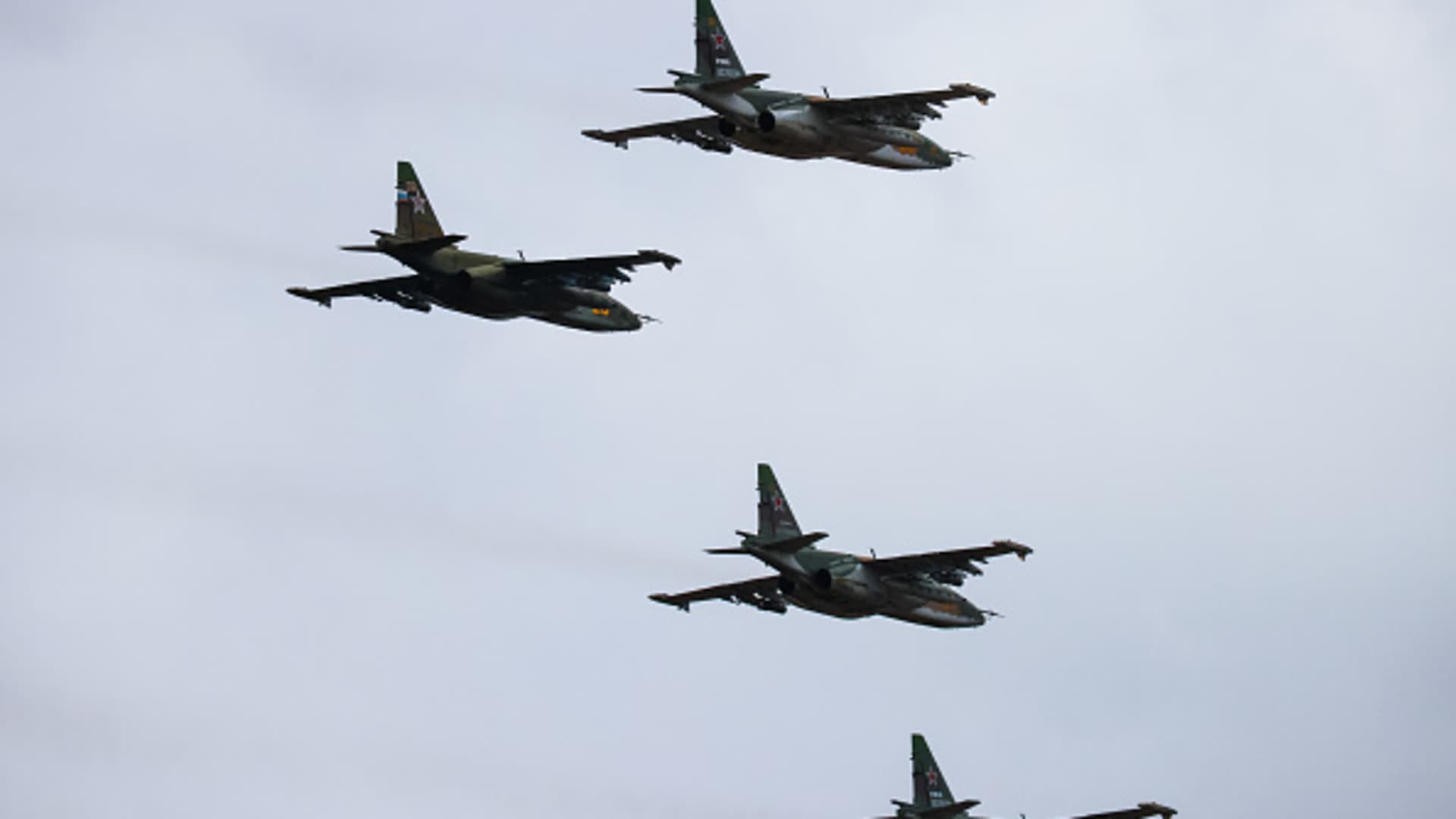 Sukhoi Su-25 fighter jets take part in the Allied Resolve 2022 joint military drills held by Belarusian and Russian troops at the Obuz-Lesnovsky training ground. The military exercise is being held from February 10 to 20 as part of the second phase of testing response forces of the Union State of Russia and Belarus.