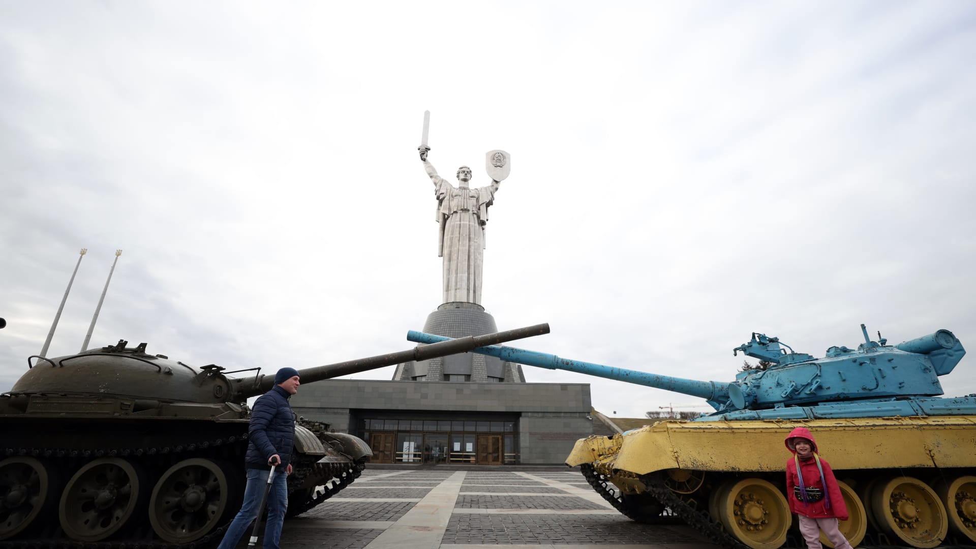 People visit Motherland Monument as daily life in Kiev continues despite growing tensions between pro-Russia separatists and Ukrainian army on February 21, 2022.