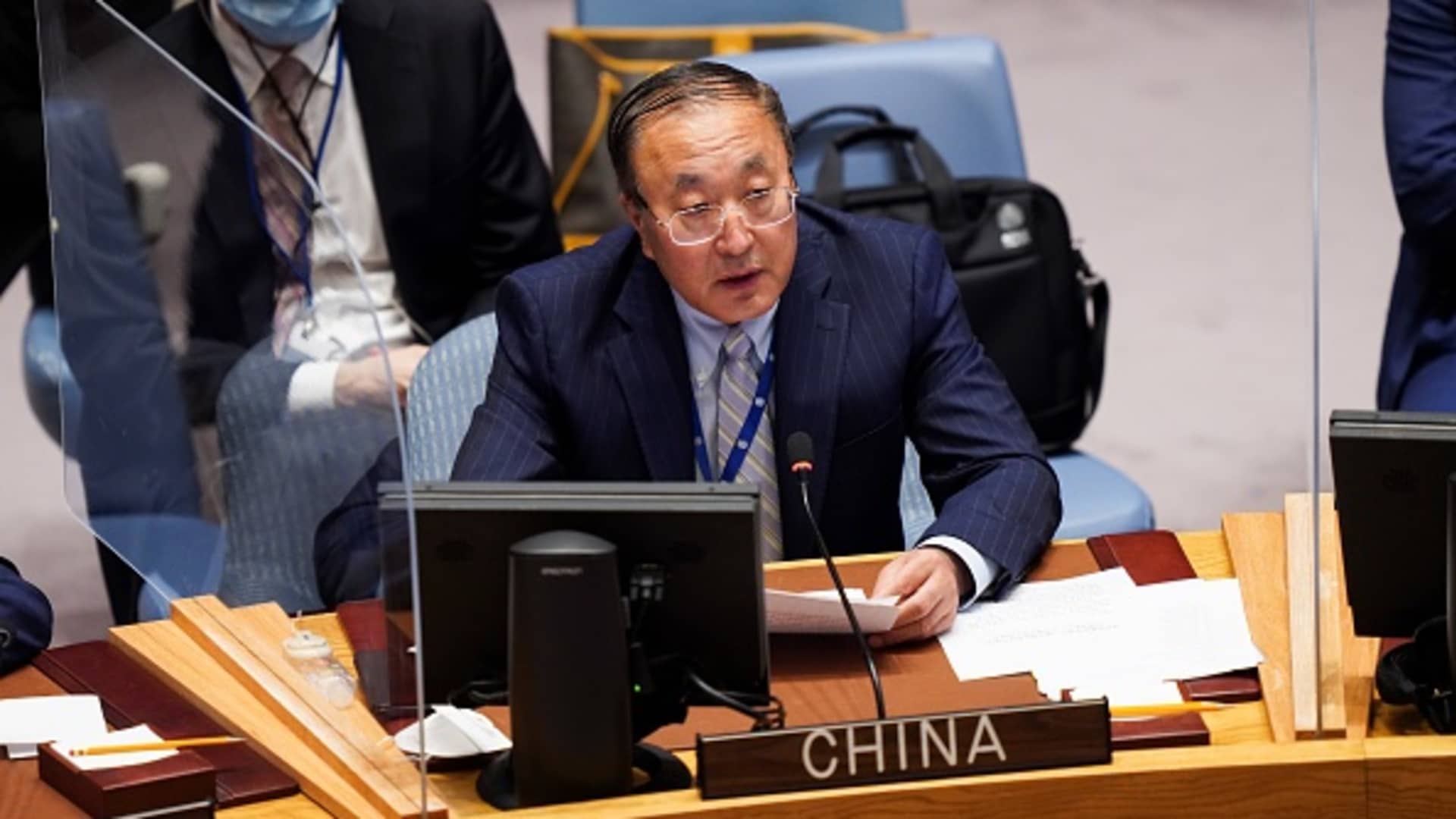Zhang Jun, China's permanent representative to the United Nations, speaks at a Security Council high-level open debate on climate and security at the UN headquarters in New York, Sept. 23, 2021.