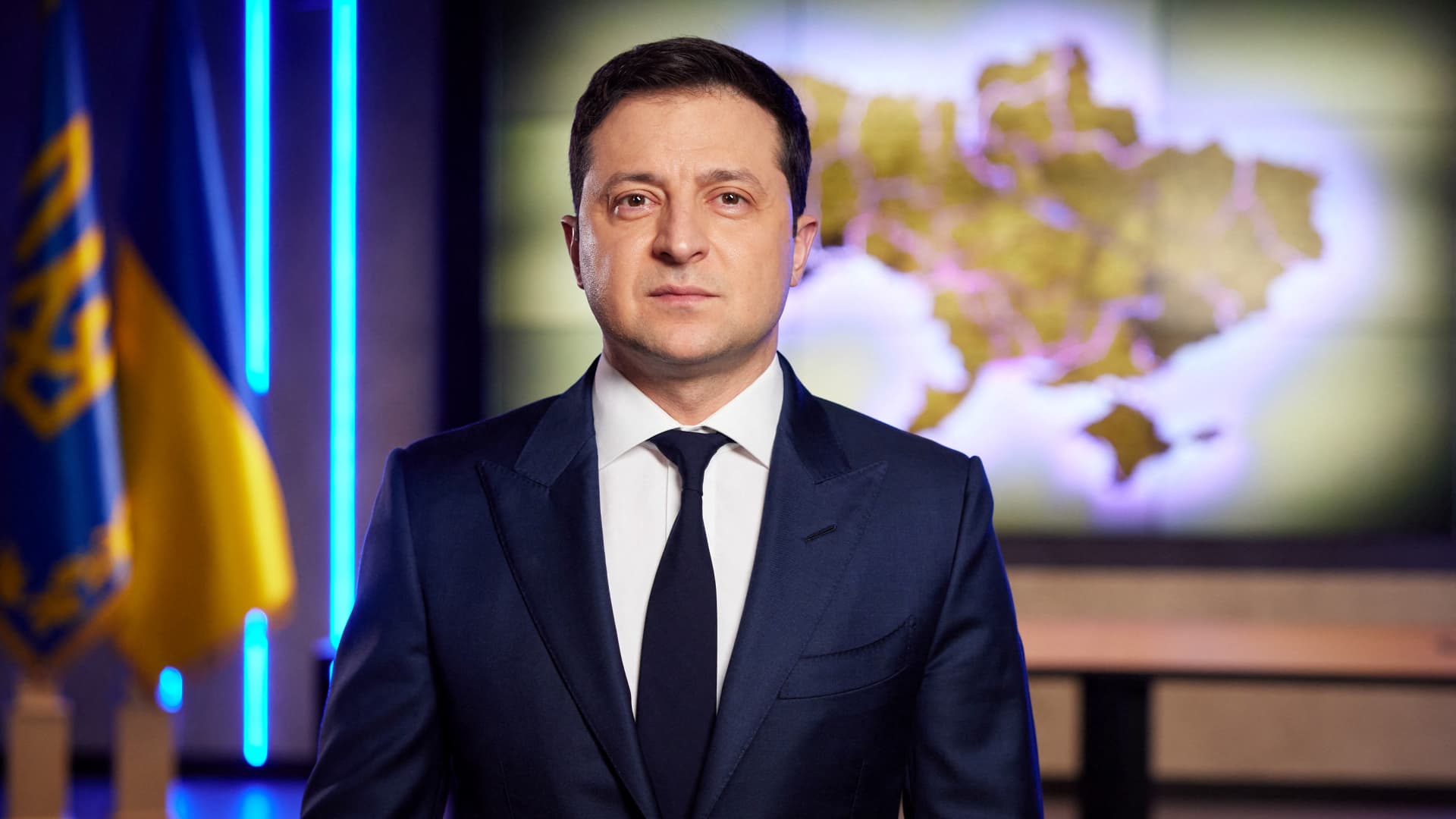 Ukrainian President Volodymyr Zelenskiy addresses the nation after a meeting of the Security and Defense Council after Russia's decision to formally recognize two Moscow-backed regions of eastern Ukraine as independent, in Kyiv, Ukraine, February 22, 2022.