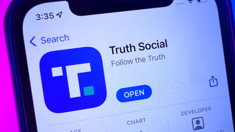 Donald Trump's social media app "Truth Social" in Apple's App Store on an iPhone 12.