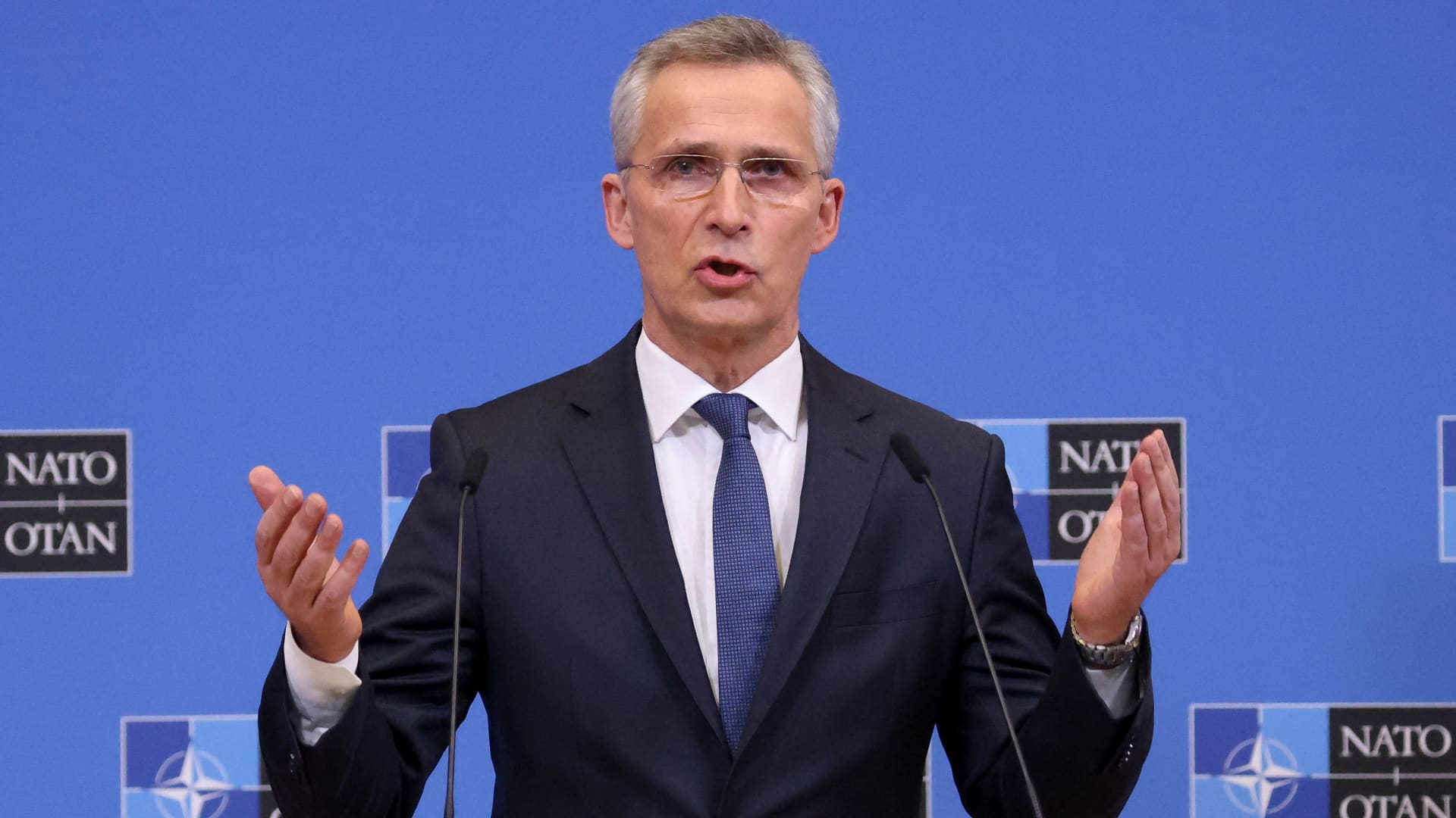 NATO Secretary-General Jens Stoltenberg speaks as he holds a news conference following an extraordinary meeting of the NATO-Ukraine Commission, in Brussels, Belgium, February 22, 2022.