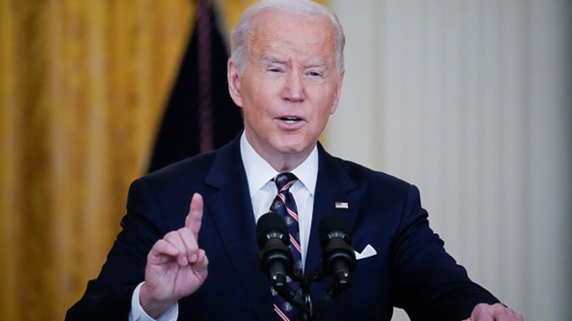 U.S. President Joe Biden speaks on developments in Ukraine and Russia, and announces sanctions against Russia, from the East Room of the White House February 22, 2022 in Washington, DC.