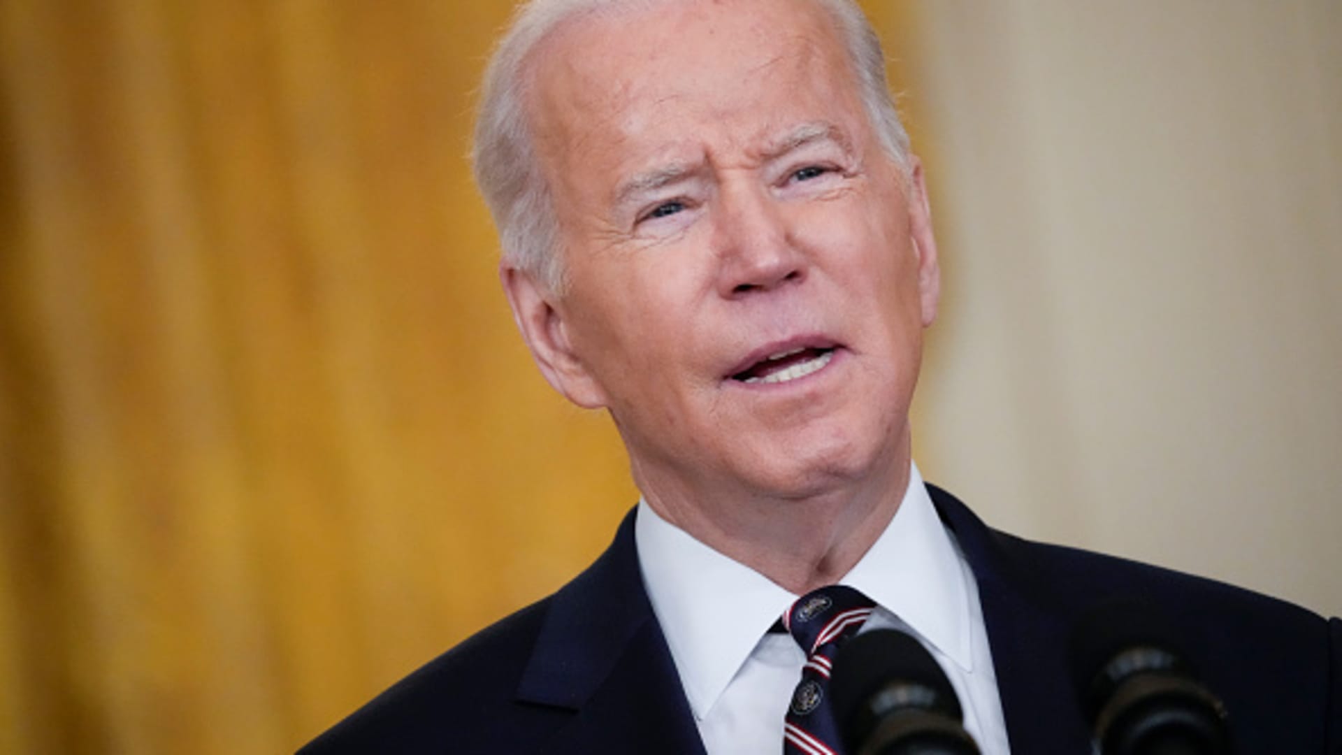 President Joe Biden speaks on developments in Ukraine and Russia, and announces sanctions against Russia, from the East Room of the White House February 22, 2022 in Washington, DC.