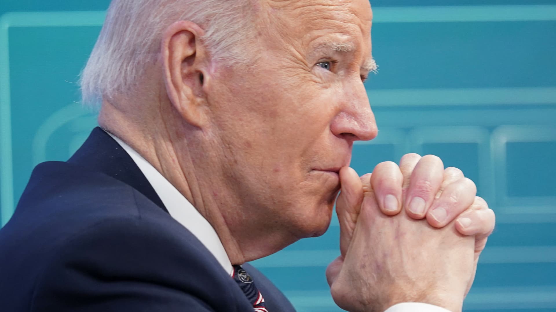 U.S. President Joe Biden listens during a virtual roundtable on securing critical minerals at the White House in Washington, February 22, 2022.