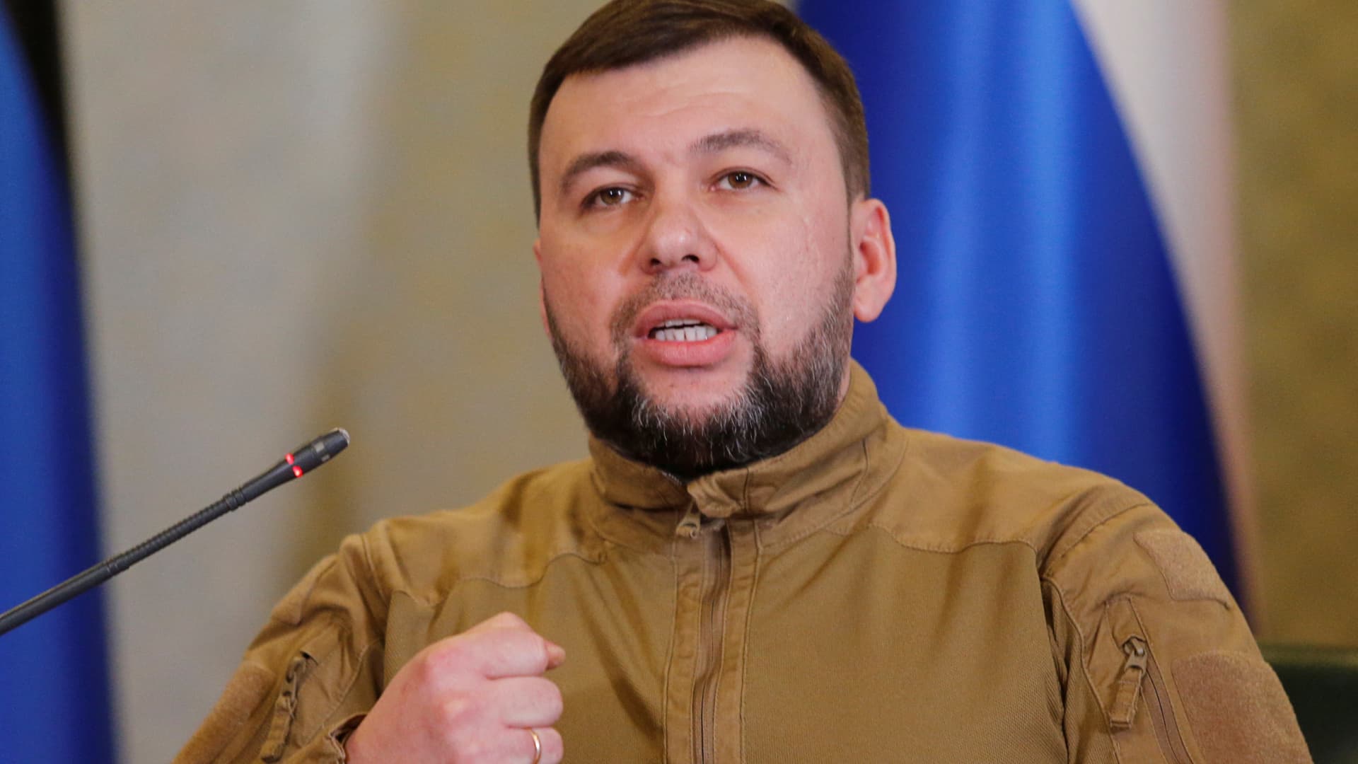 Head of the separatist self-proclaimed Donetsk People's Republic Denis Pushilin speaks during a news conference in Donetsk, Ukraine February 23, 2022.