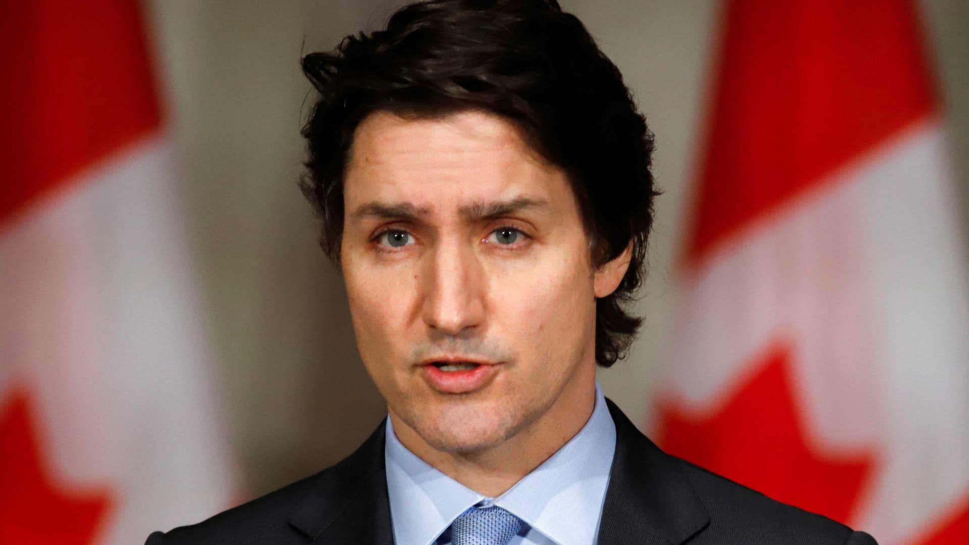 Canada's Prime Minister Justin Trudeau speaks at a news conference about the situation in Ukraine in Ottawa, Ontario, Canada, February 22, 2022.