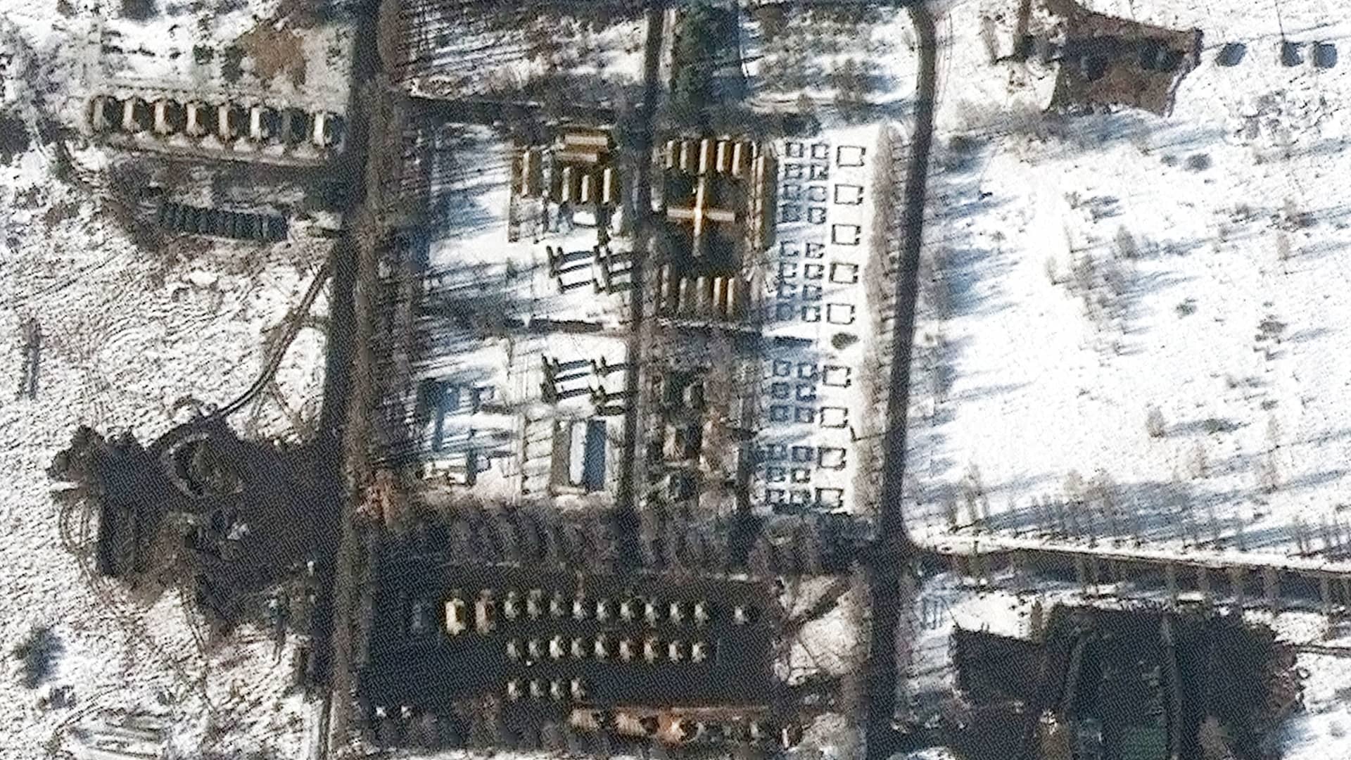 A satellite image shows a close up of a field hospital and a troop deployment, in Belgorod, Russia, February 22, 2022.