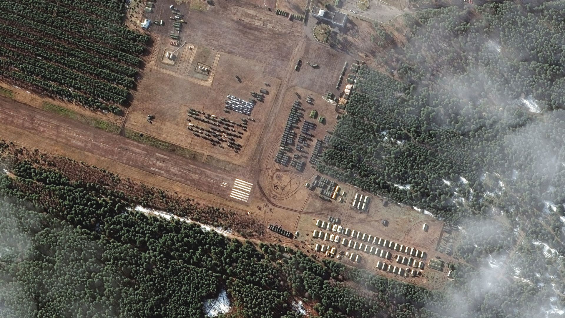 A satellite image shows an overview of a new deployment at V D Bolshoy Bokov airfield, near Mazyr, Belarus, February 22, 2022.