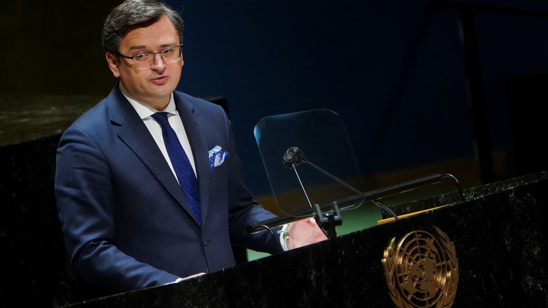 Ukraine's Foreign Minister Dmytro Kuleba speaks during a meeting of the U.N. General Assembly on the situation between Russia and Ukraine, at the United Nations Headquarters in Manhattan, New York City, U.S., February 23, 2022.
