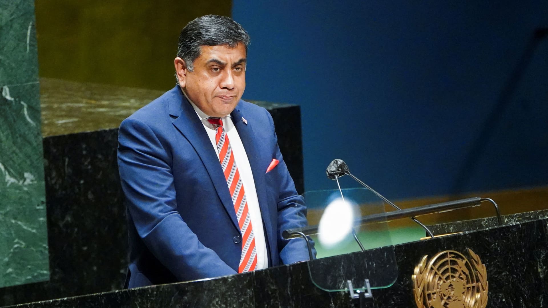 Britain's Minister of State for the Commonwealth Tariq Ahmad speaks during a meeting of the U.N. General Assembly on the situation between Russia and Ukraine, at the United Nations Headquarters in Manhattan, New York City, U.S., February 23, 2022.