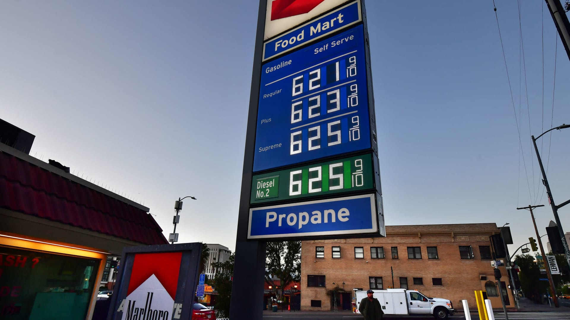 Gas prices hit over $6 dollars per gallon at a petrol station in Los Angeles, California on February 23, 2022.