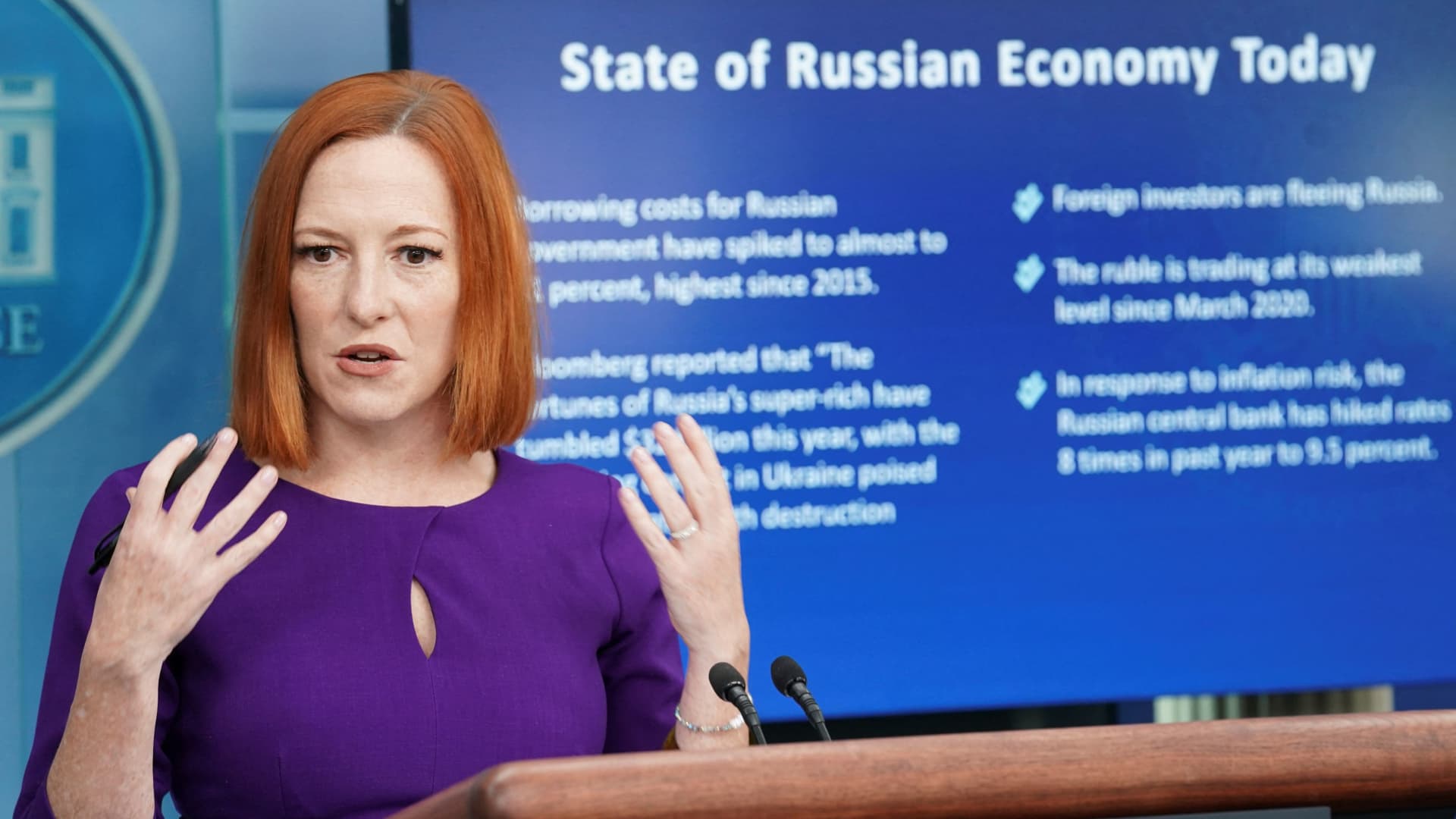 White House press secretary Jen Psaki speaks about the Russian economy during a press briefing at the White House in Washington, February 23, 2022.