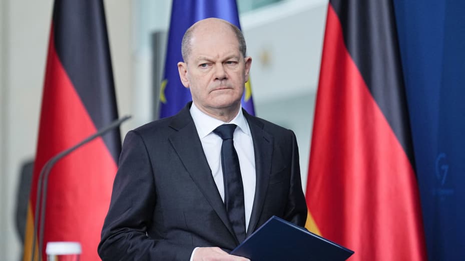 German Chancellor Olaf Scholz arrives for a statement on Ukraine at the chancellery in Berlin, Germany, February 24, 2022.