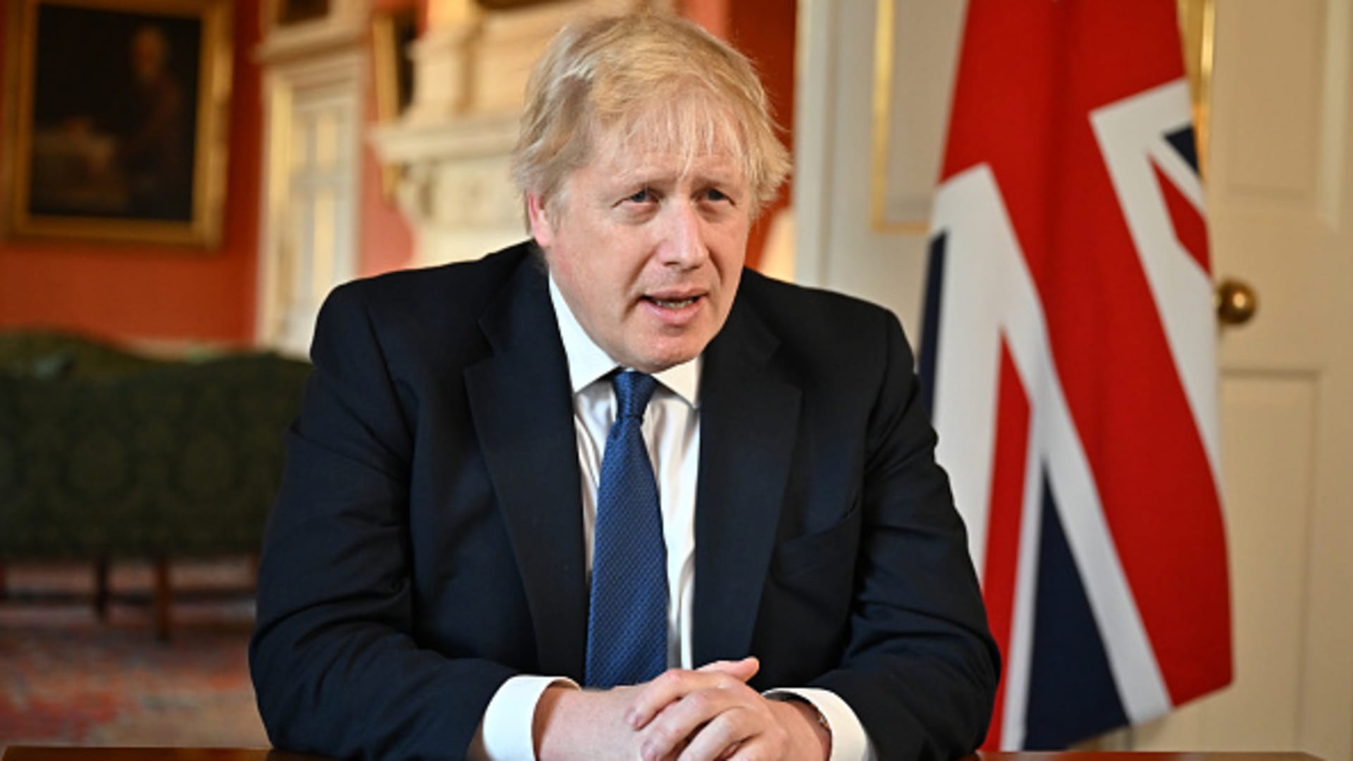 Prime Minister Boris Johnson records an address at Downing Street after he chaired an emergency Cobra meeting to discuss the UK response to the crisis in Ukraine on February 24, 2022 in London, England.