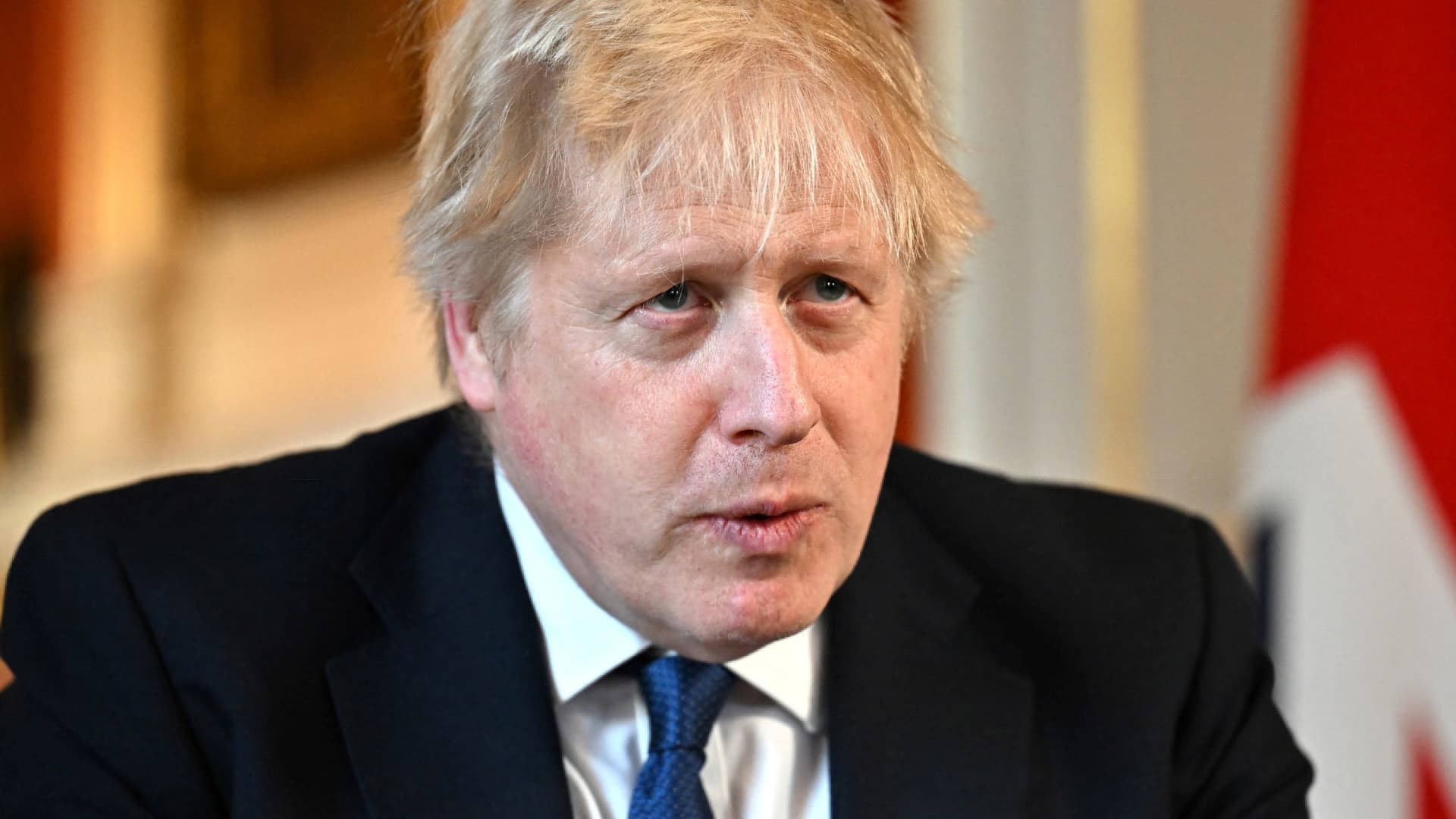 British Prime Minister Boris Johnson records an address at Downing Street after he chaired an emergency Cobra meeting to discuss the UK response to the Russian invasion of Ukraine, in London, Britain February 24, 2022.