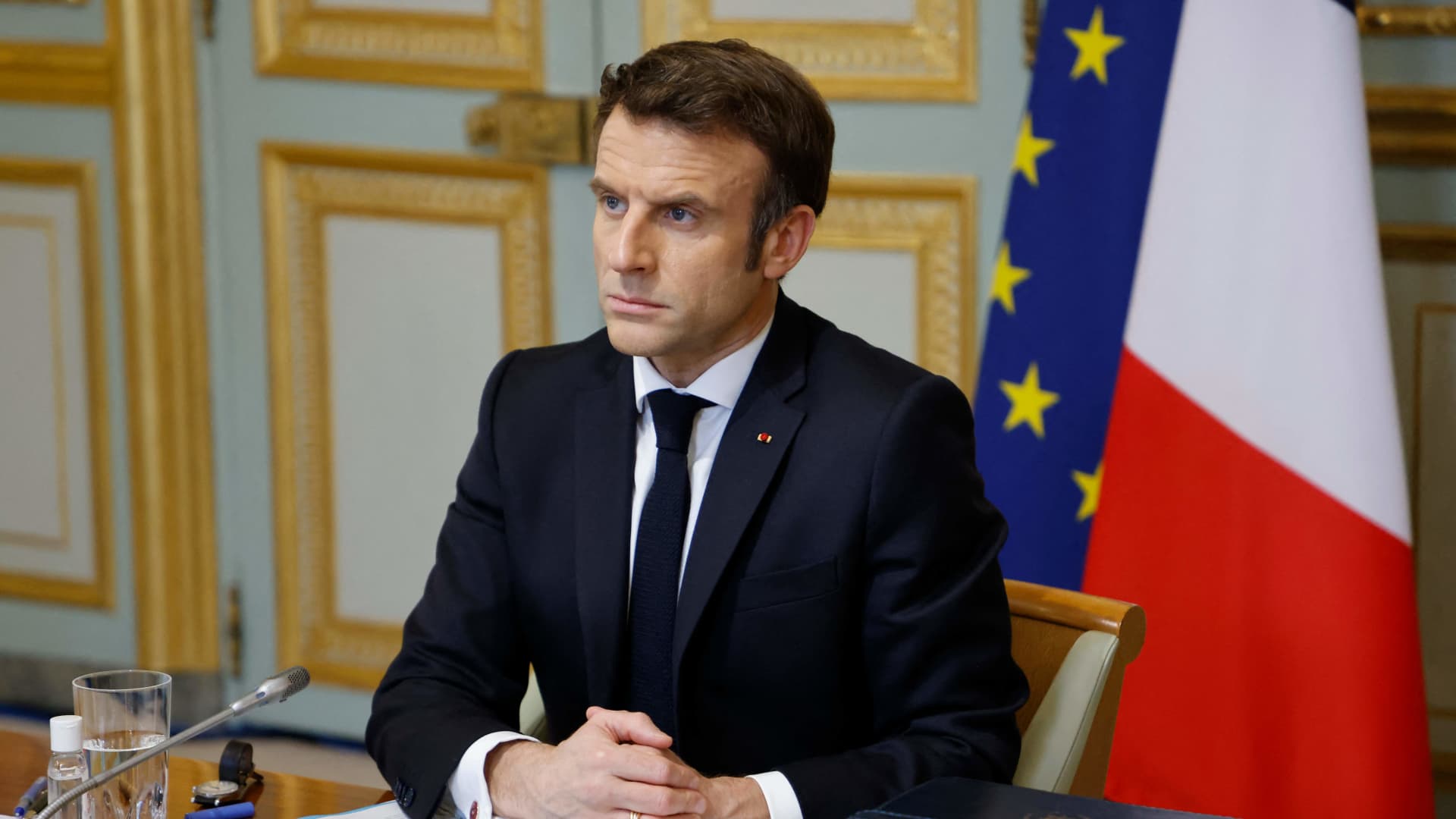 French President Emmanuel Macron takes part in a video-conference of G7 leaders on Ukraine at the Elysee Palace in Paris on February 24, 2022.