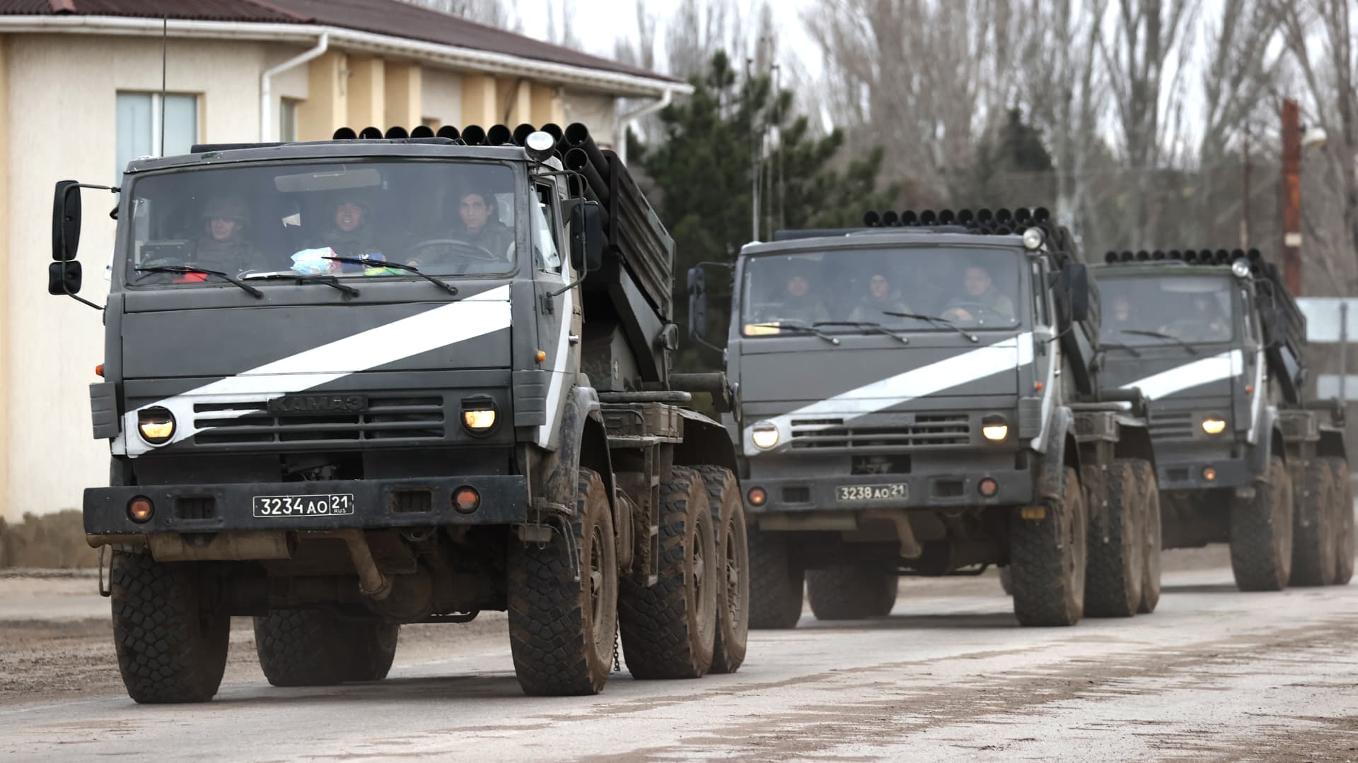 A column of army trucks approaches the Chongar checkpoint on the Ukrainian border.