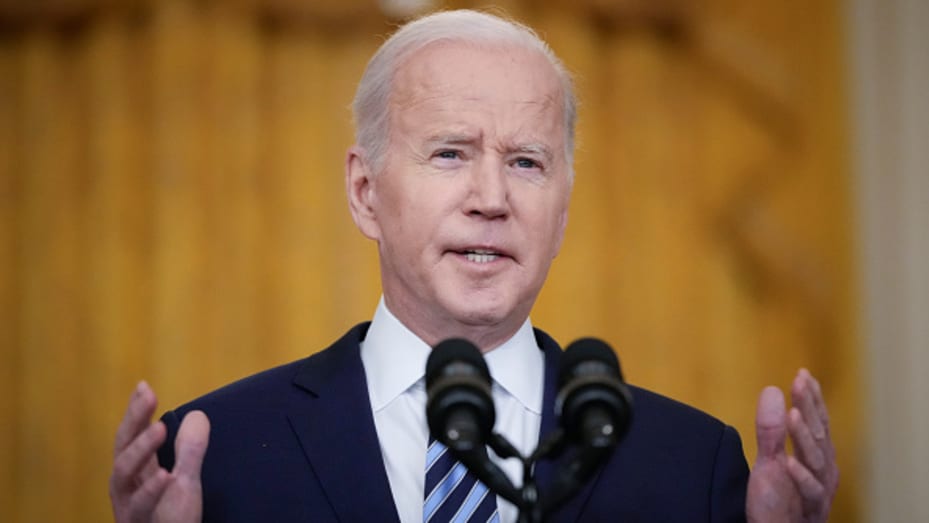 U.S. President Joe Biden delivers remarks about Russia's “unprovoked and unjustified" military invasion of neighboring Ukraine in the East Room of the White House on February 24, 2022 in Washington, DC.